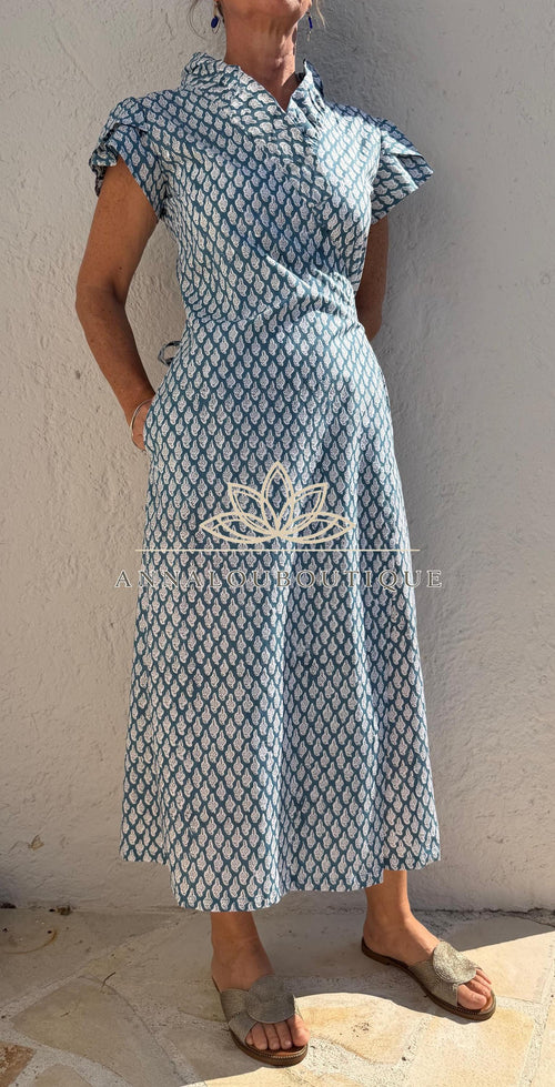 Blue Grey Paisley Wrap Dress, Cotton Maxi Dress, Bohemian Summer Outfit, Ruffled Collar Short Sleeve Dress, Flowy Resort Wear