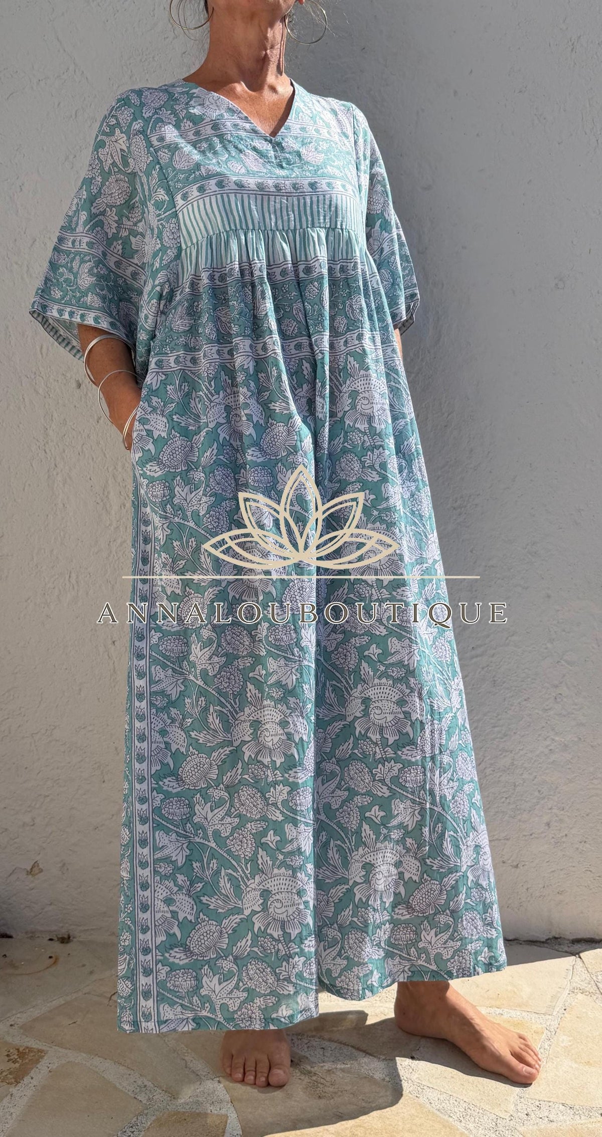 Loose green floral cotton kaftan dress