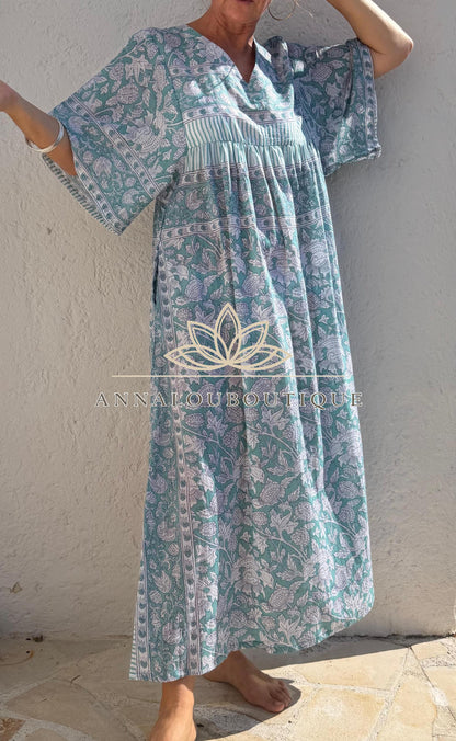 Loose green floral cotton kaftan dress