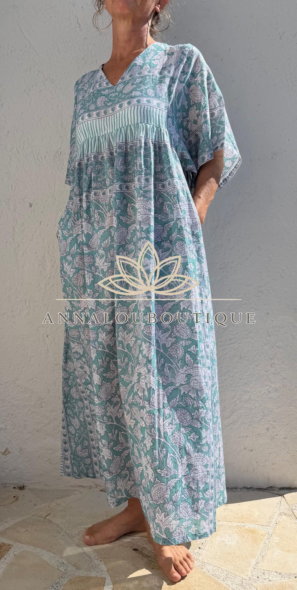 Soft Green Floral Kaftan Dress, Oversized Cotton Maxi Dress, Maternity Friendly Summer Outfit, Breathable Resort Wear, Bohemian Beach Style.