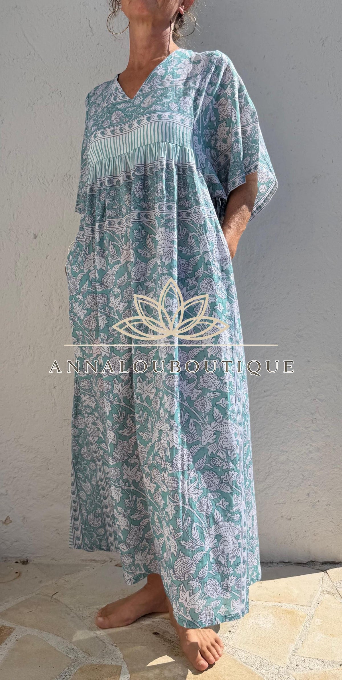 Loose green floral cotton kaftan dress