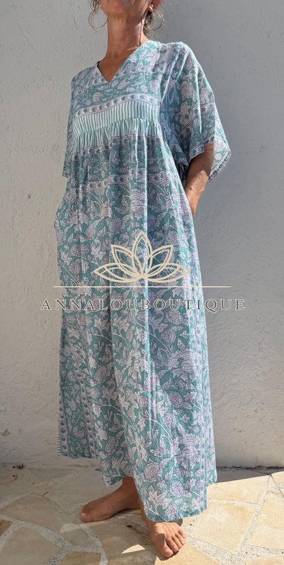 Loose green floral cotton kaftan dress