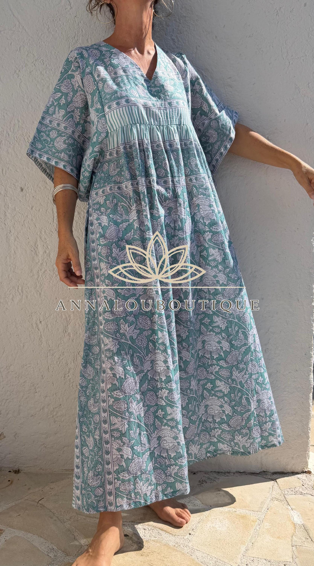 Soft Green Floral Kaftan Dress, Oversized Cotton Maxi Dress, Maternity Friendly Summer Outfit, Breathable Resort Wear, Bohemian Beach Style.