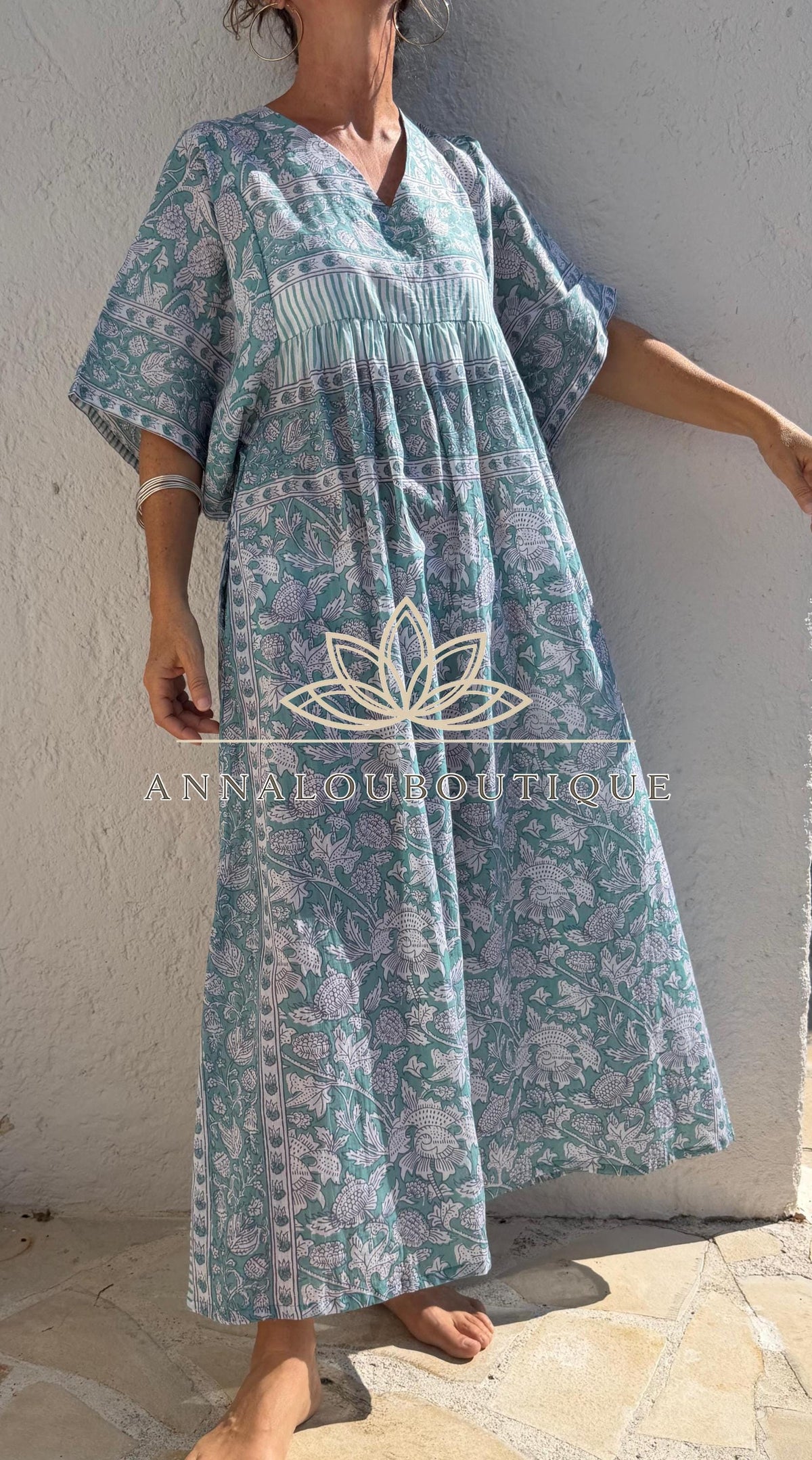 Loose green floral cotton kaftan dress
