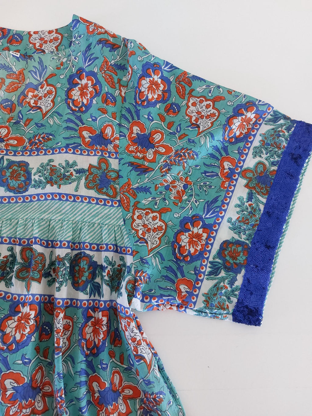 Turquoise Orange Floral Kaftan, Soft Cotton Oversized Maxi Dress,Breathable Summer Resort Wear, Bohemian Beach Outfit,Unique Handmade Design
