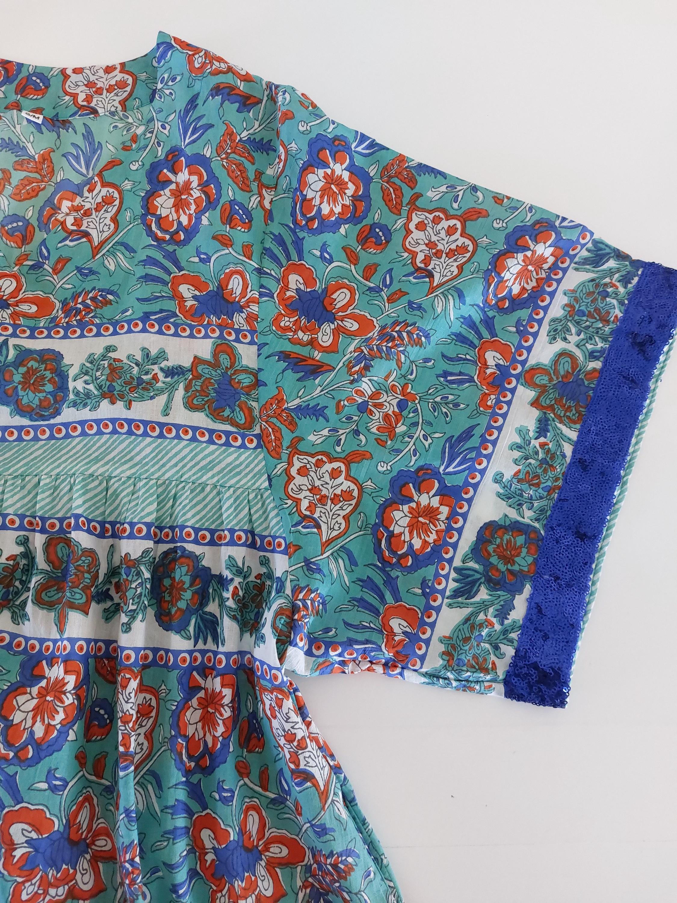 Turquoise Orange Floral Kaftan, Soft Cotton Oversized Maxi Dress,Breathable Summer Resort Wear, Bohemian Beach Outfit,Unique Handmade Design