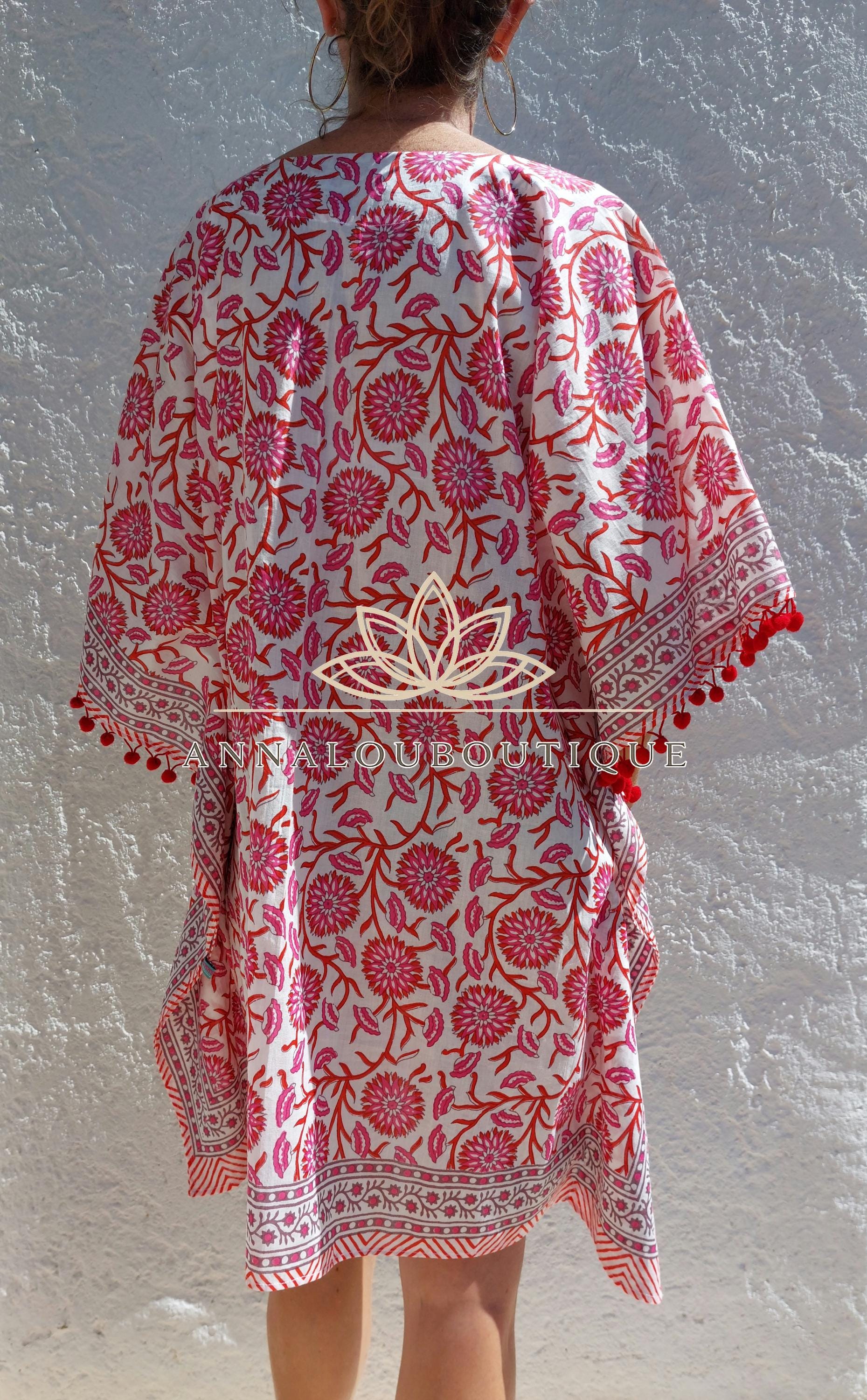 Hippie Chic Cotton Poncho – Short Kaftan with Pompon Finish & V Neck