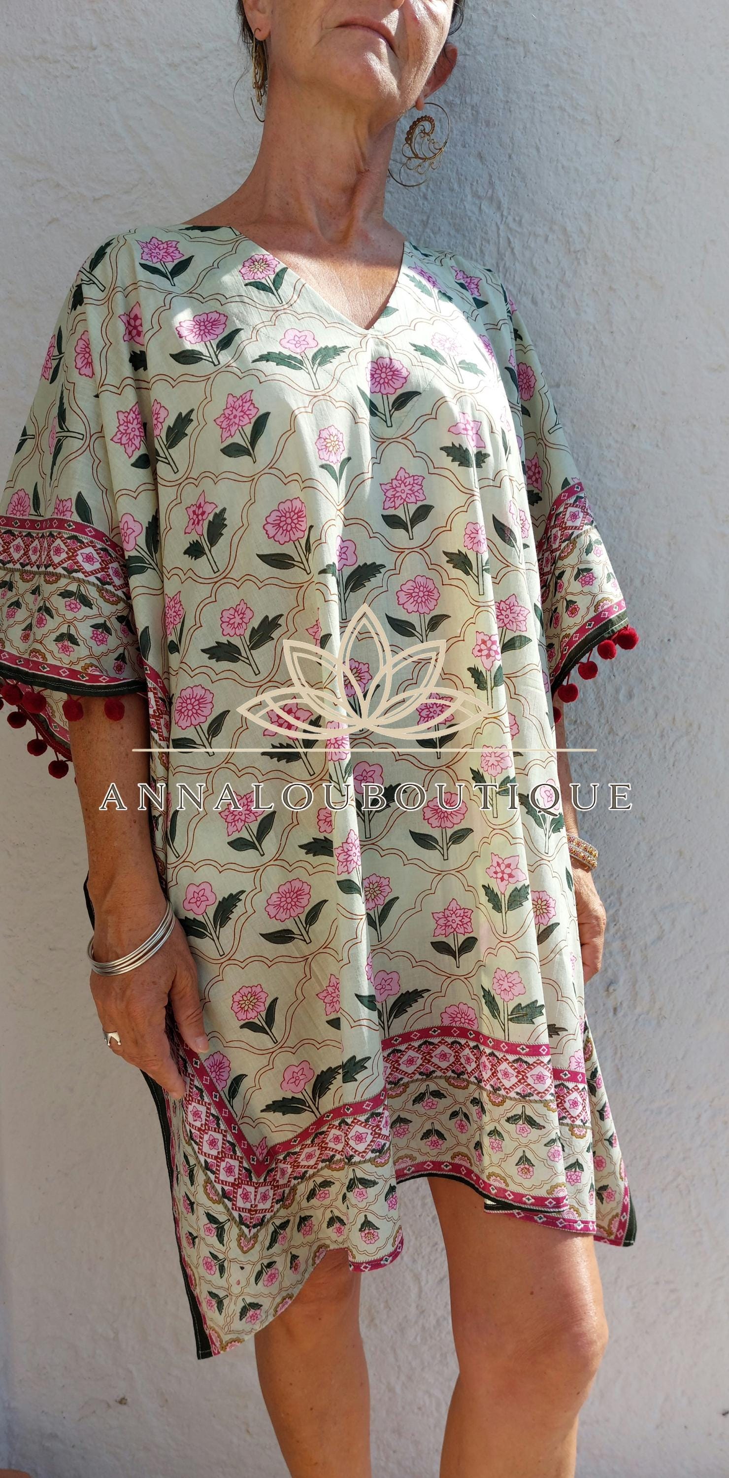 Almond Green Short Kaftan, Soft Cotton Beach Cover Up, V-Neck Bohemian Summer Dress, Hippie Chic Resort Wear, Lightweight Handmade Fashion