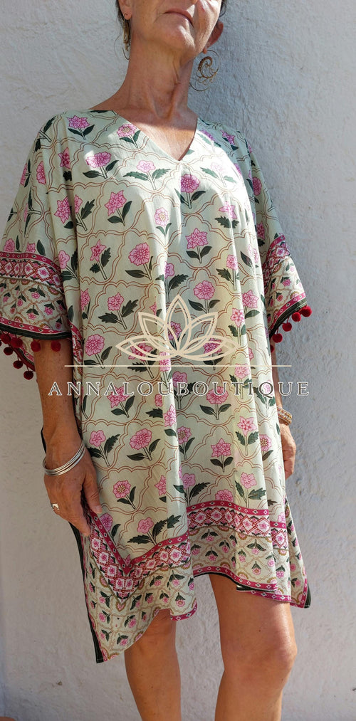Almond Green Short Kaftan, Soft Cotton Beach Cover Up, V-Neck Bohemian Summer Dress, Hippie Chic Resort Wear, Lightweight Handmade Fashion