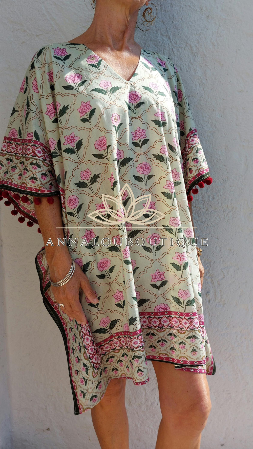 Almond Green Short Kaftan, Soft Cotton Beach Cover Up, V-Neck Bohemian Summer Dress, Hippie Chic Resort Wear, Lightweight Handmade Fashion