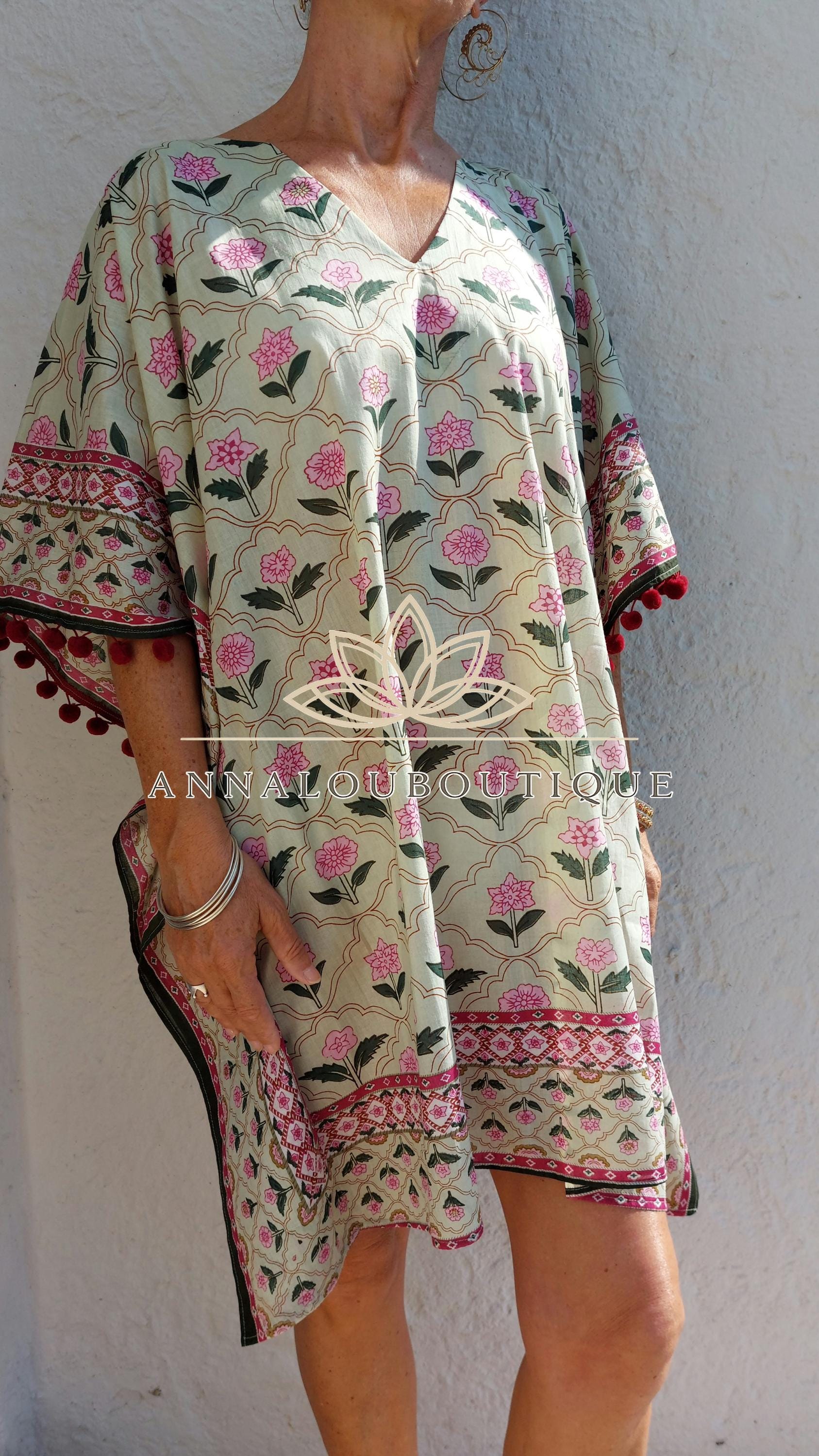 Almond Green Short Kaftan, Soft Cotton Beach Cover Up, V-Neck Bohemian Summer Dress, Hippie Chic Resort Wear, Lightweight Handmade Fashion