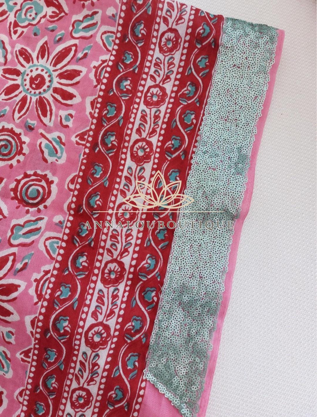 Pink & Red Short Kaftan, Soft Cotton Beach Cover Up, V-Neck Bohemian Summer Dress, Lightweight Resort Wear, Handmade Cotton Fashion