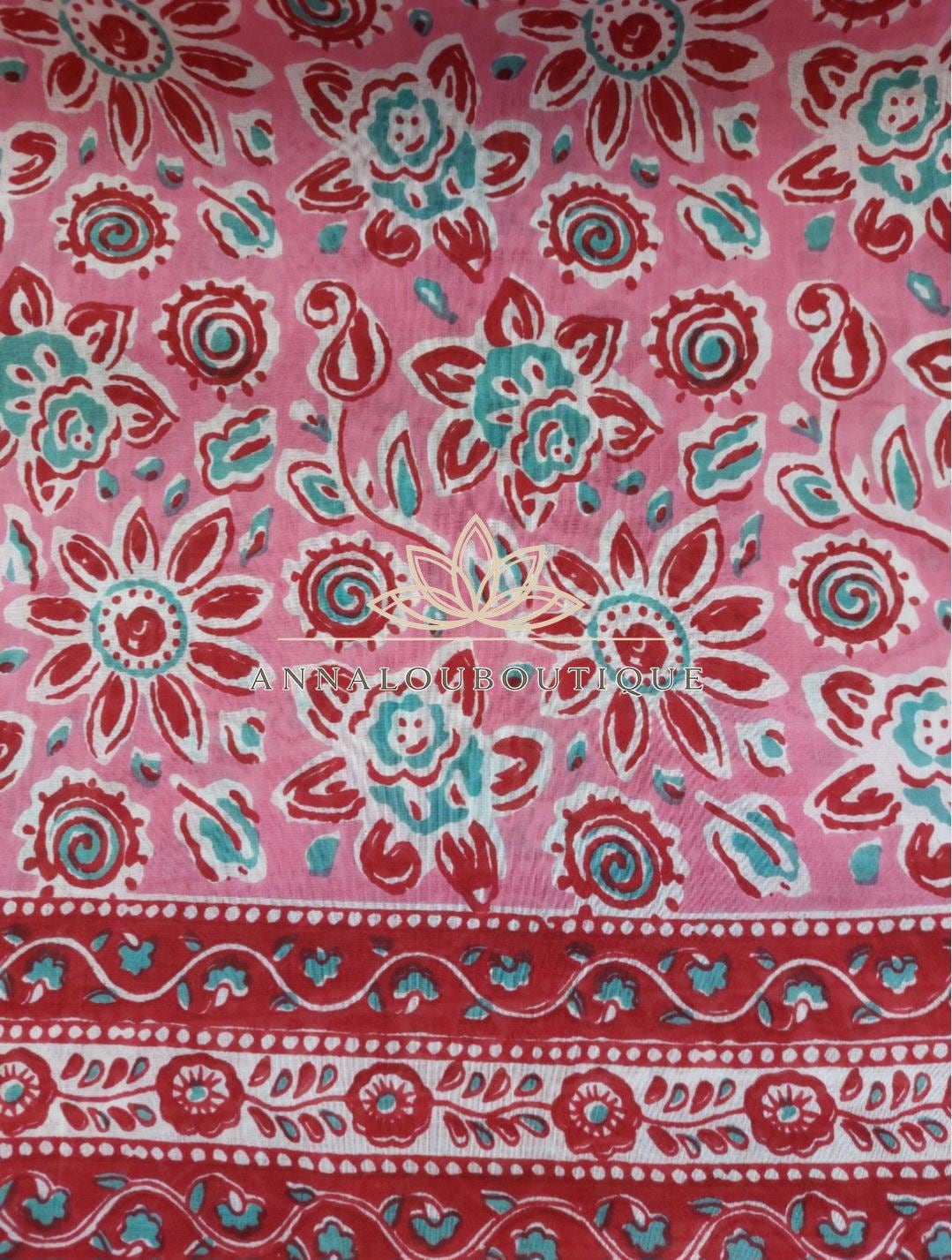 Pink & Red Short Kaftan, Soft Cotton Beach Cover Up, V-Neck Bohemian Summer Dress, Lightweight Resort Wear, Handmade Cotton Fashion