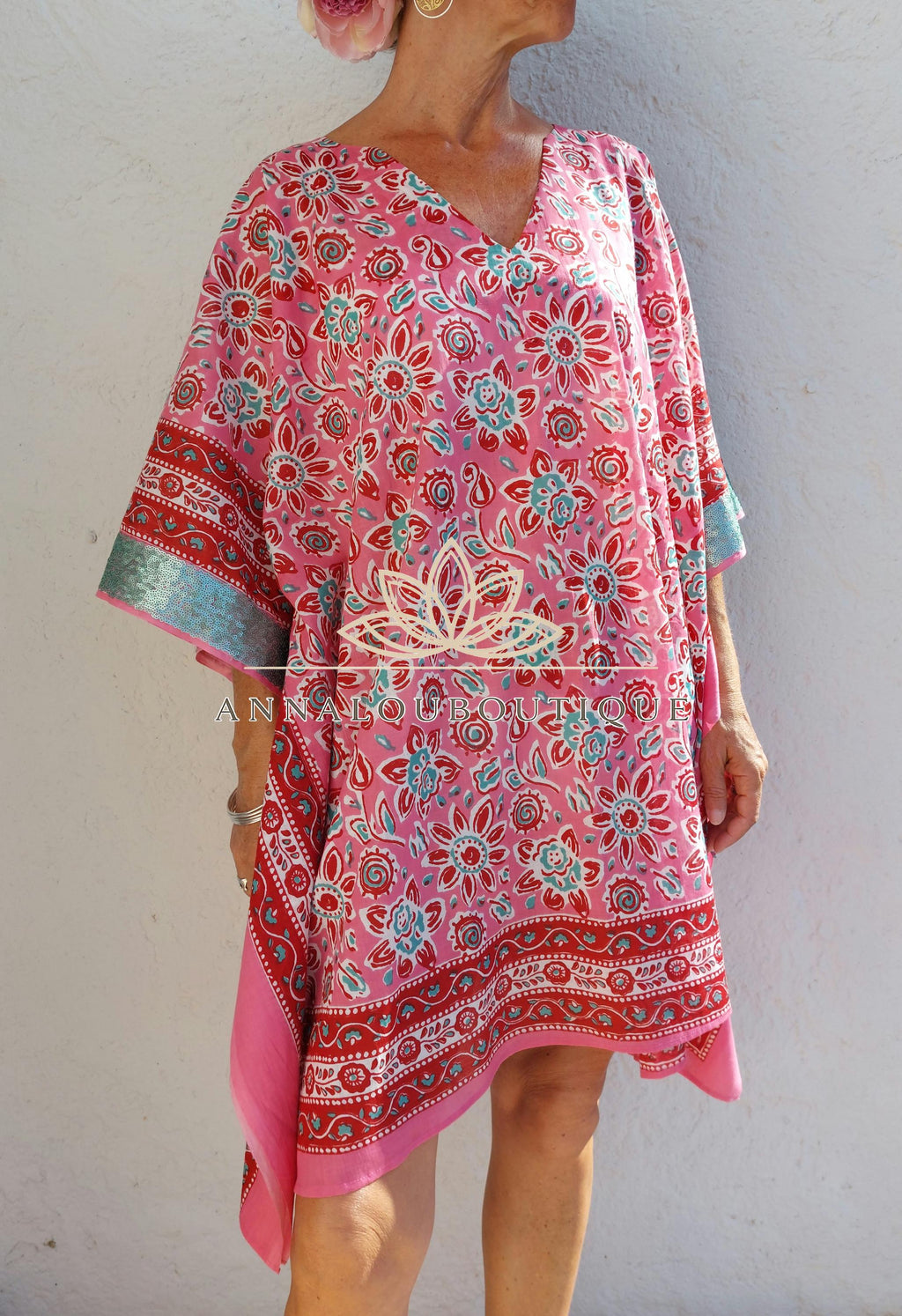 Pink & Red Short Kaftan, Soft Cotton Beach Cover Up, V-Neck Bohemian Summer Dress, Lightweight Resort Wear, Handmade Cotton Fashion