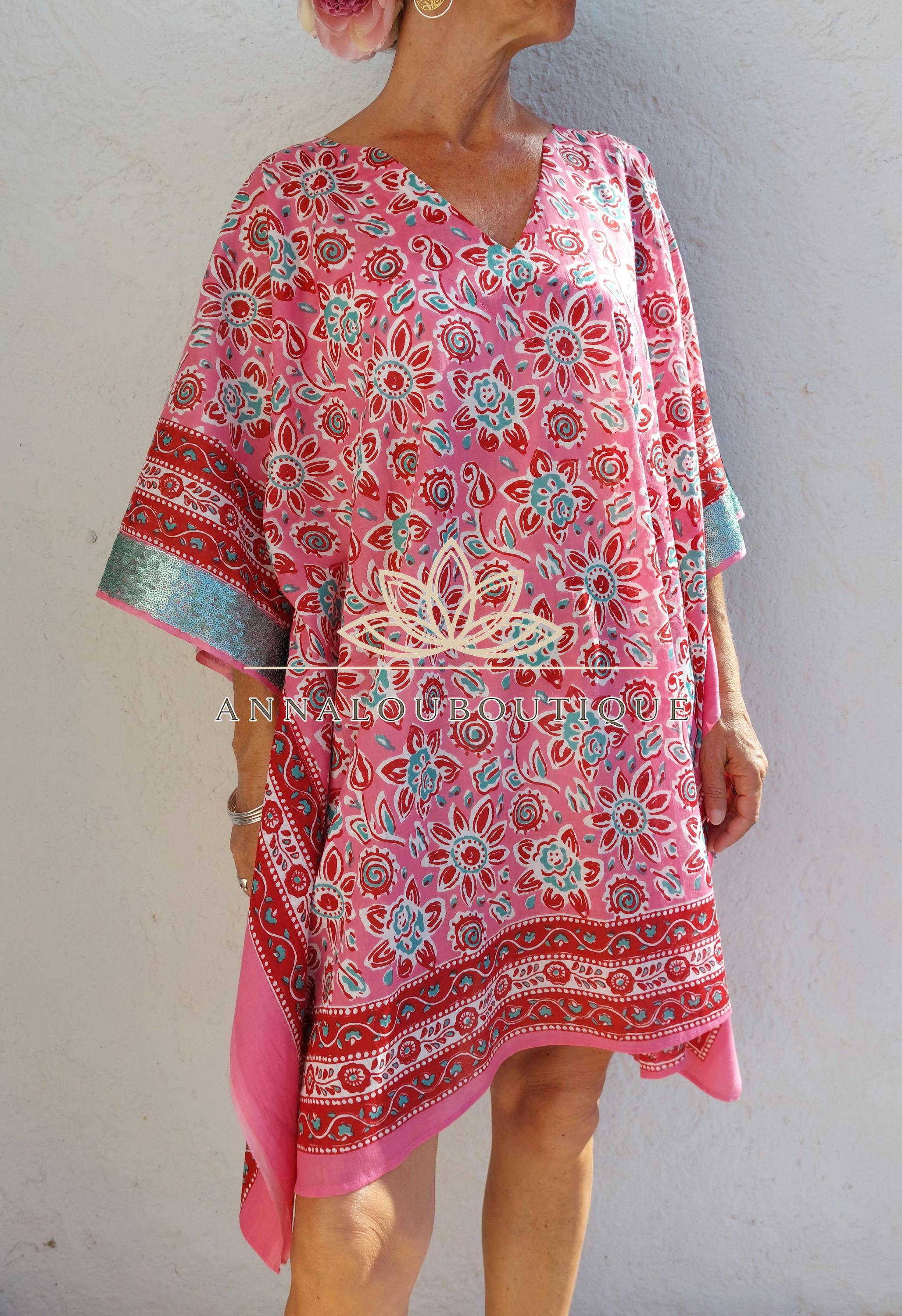 Pink & Red Short Kaftan, Soft Cotton Beach Cover Up, V-Neck Bohemian Summer Dress, Lightweight Resort Wear, Handmade Cotton Fashion