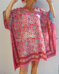 Pink & Red Short Kaftan, Soft Cotton Beach Cover Up, V-Neck Bohemian Summer Dress, Lightweight Resort Wear, Handmade Cotton Fashion