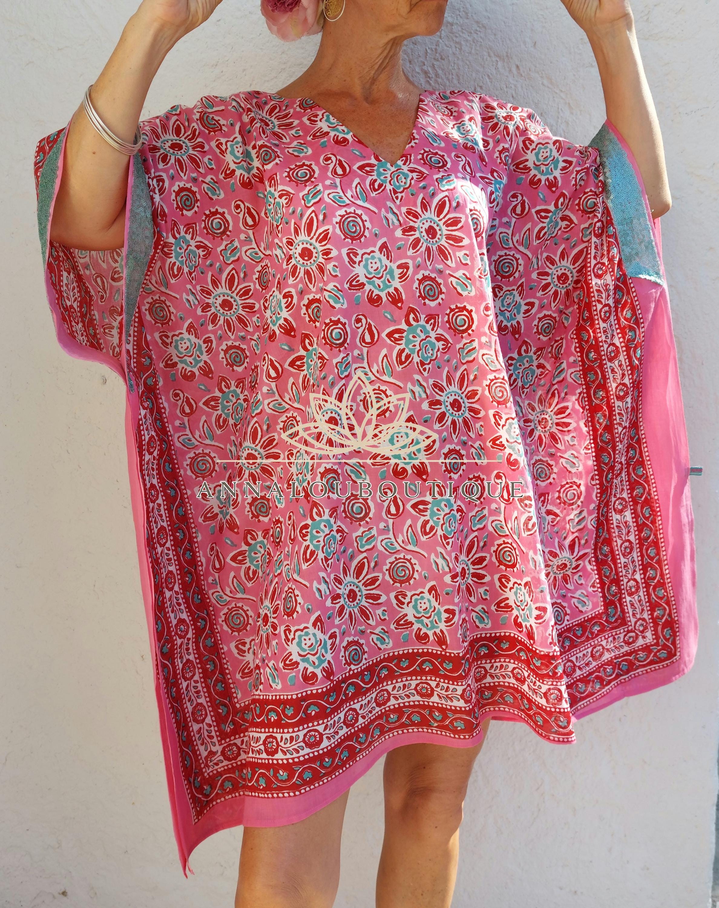 Pink & Red Short Kaftan, Soft Cotton Beach Cover Up, V-Neck Bohemian Summer Dress, Lightweight Resort Wear, Handmade Cotton Fashion