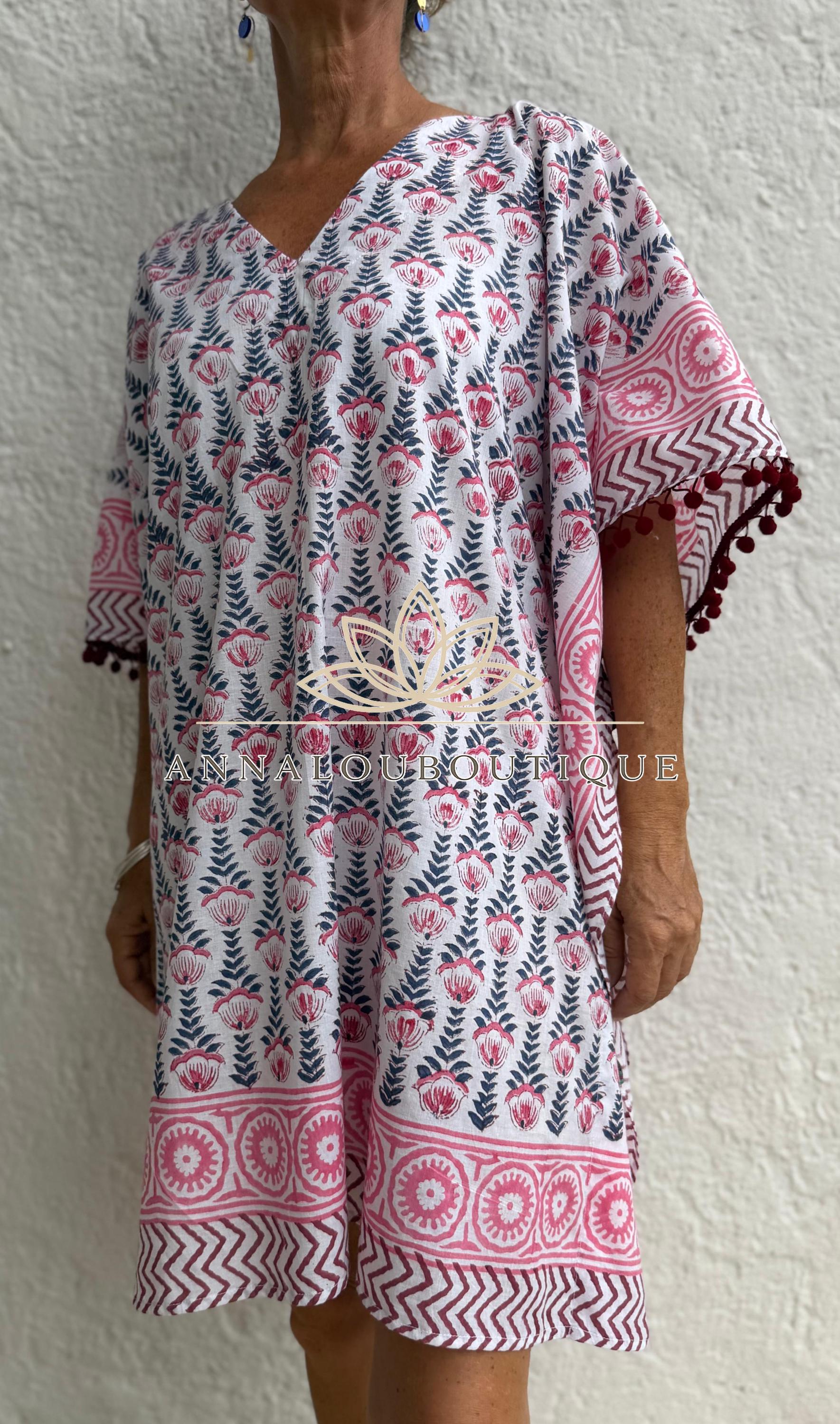 White Pink Blue Short Kaftan, Cotton Beach Cover Up, Bohemian Summer Dress, Hippie Chic Resort Wear, Lightweight Handmade Cotton Fashion