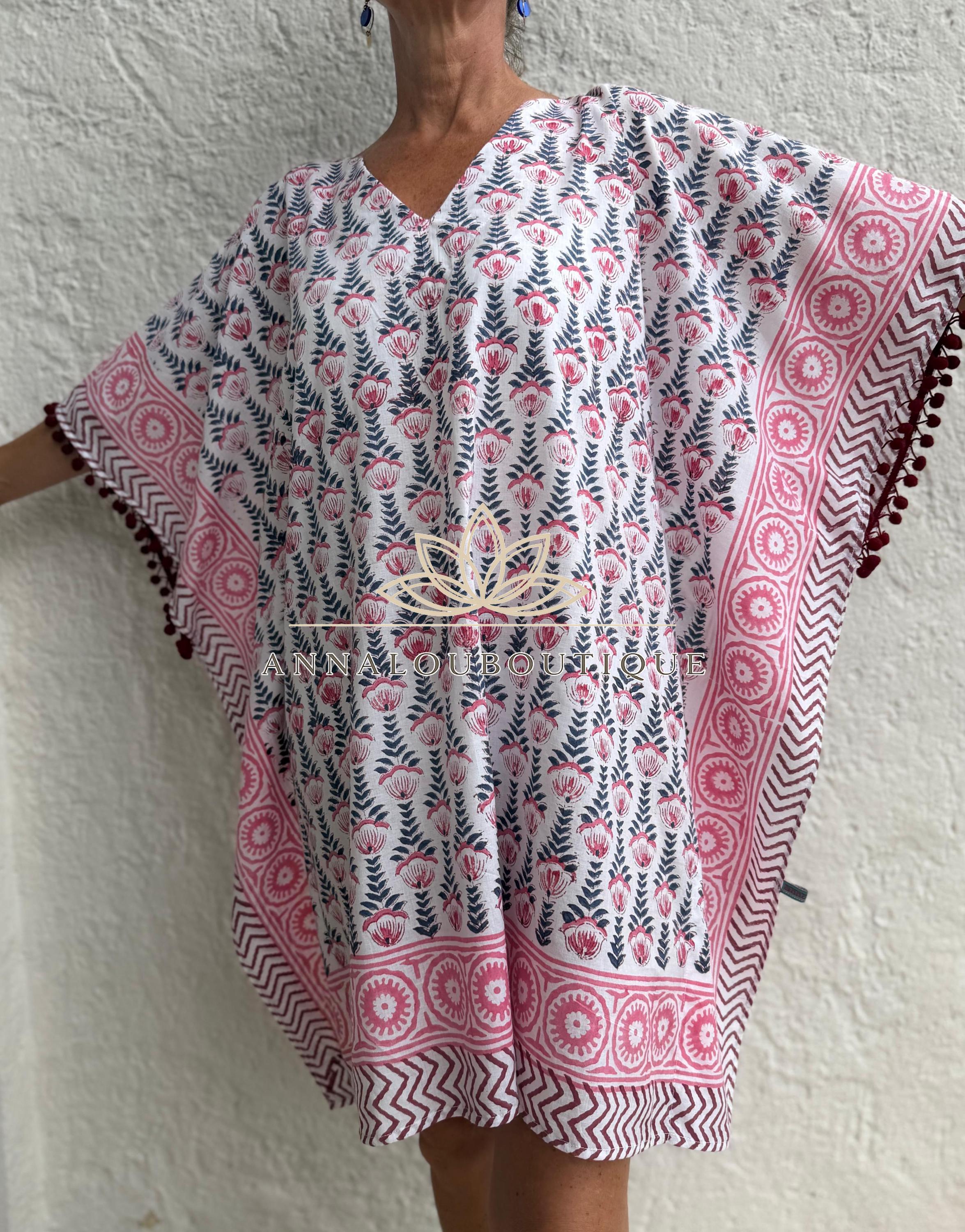 White Pink Blue Short Kaftan, Cotton Beach Cover Up, Bohemian Summer Dress, Hippie Chic Resort Wear, Lightweight Handmade Cotton Fashion