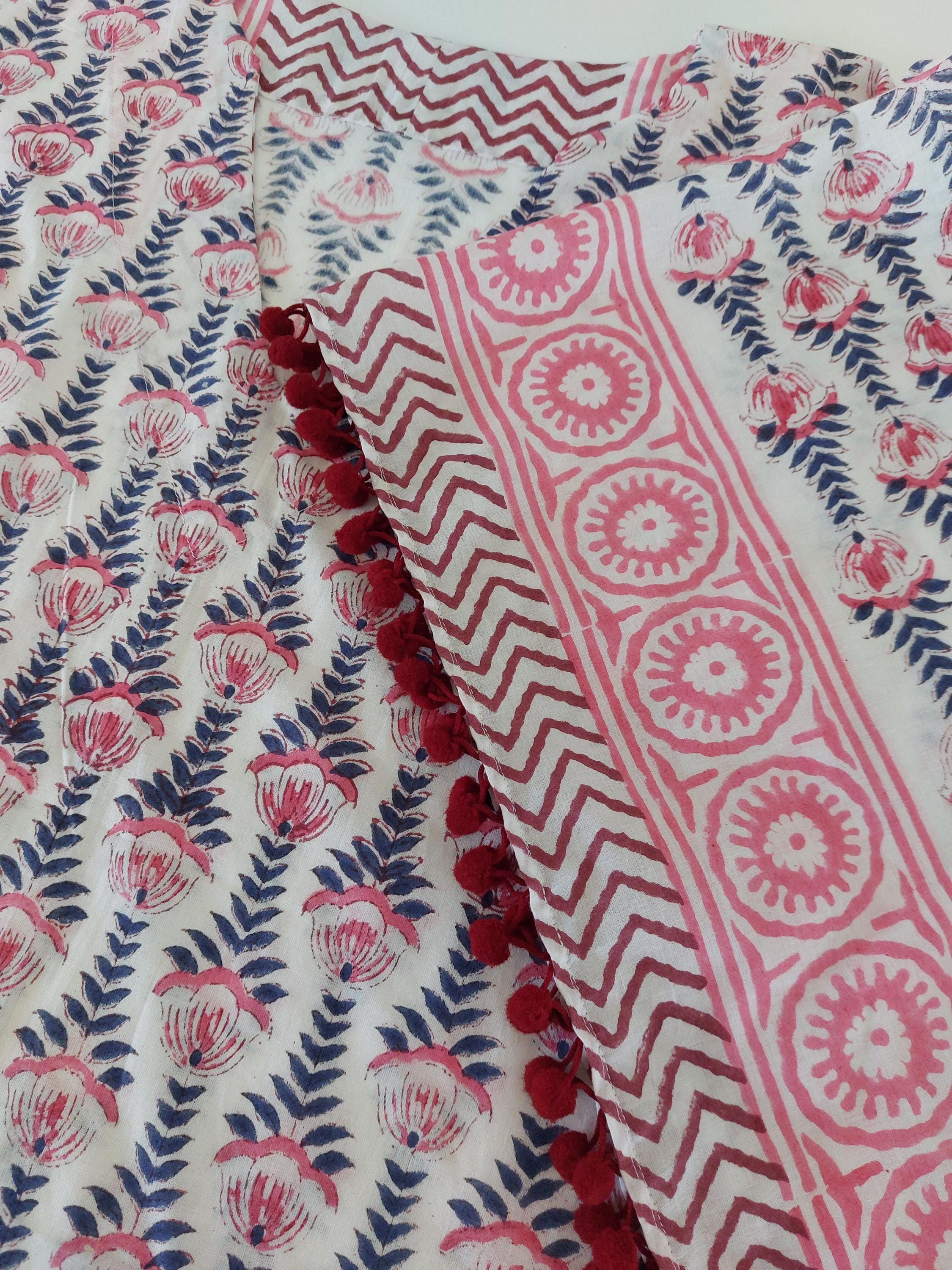 White Pink Blue Short Kaftan, Cotton Beach Cover Up, Bohemian Summer Dress, Hippie Chic Resort Wear, Lightweight Handmade Cotton Fashion