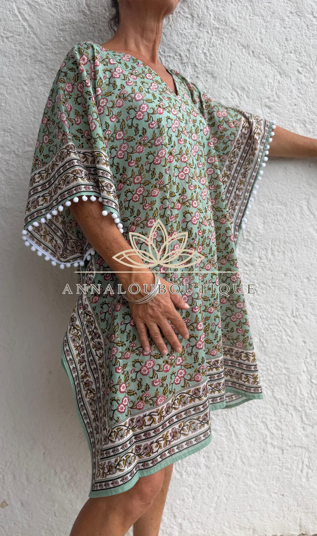 Almond Green Floral Short Kaftan, Cotton Beach Cover Up, Bohemian Summer Dress, Hippie Chic Resort Wear, Lightweight Handmade Cotton Fashion