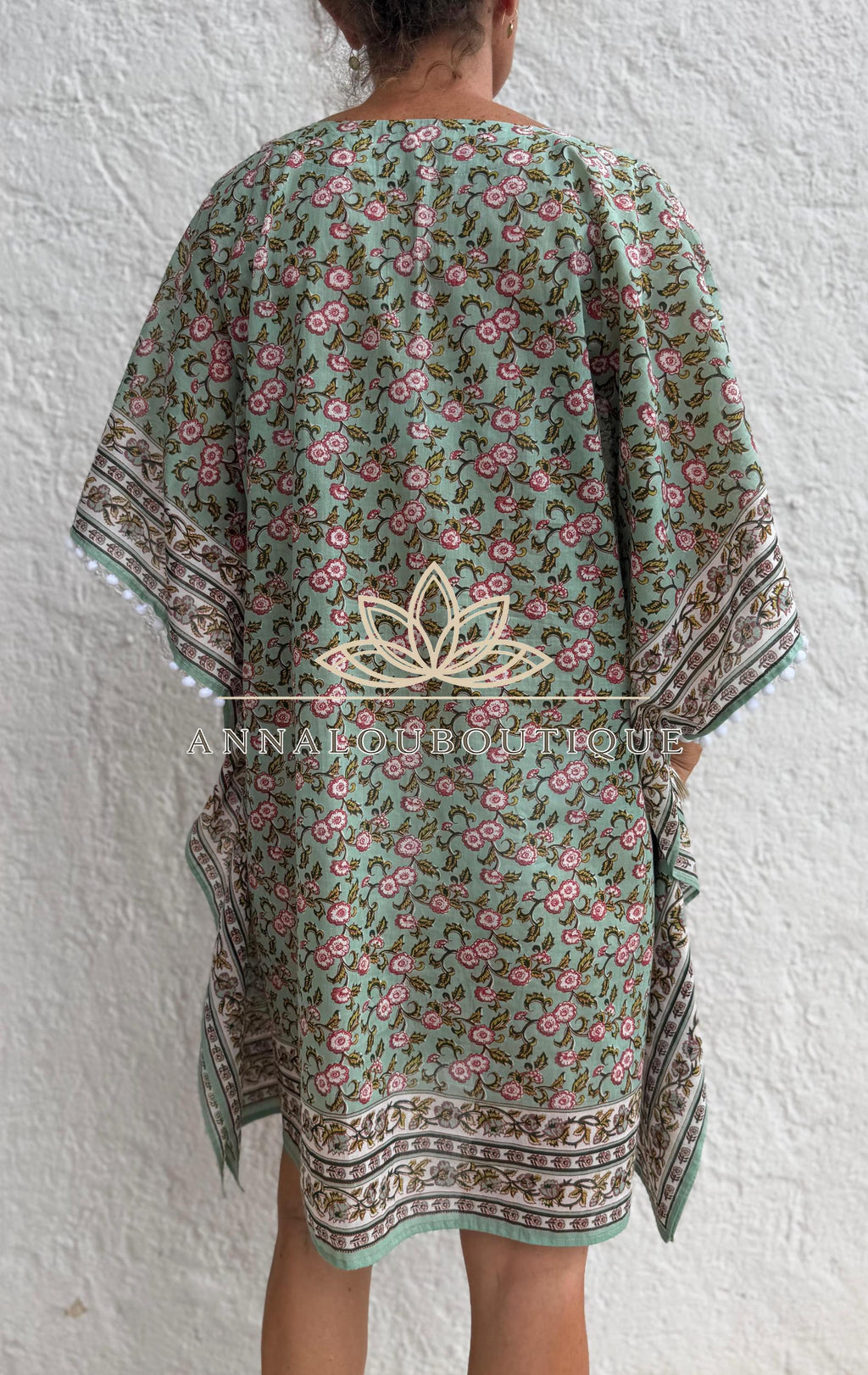 Almond Green Floral Short Kaftan, Cotton Beach Cover Up, Bohemian Summer Dress, Hippie Chic Resort Wear, Lightweight Handmade Cotton Fashion