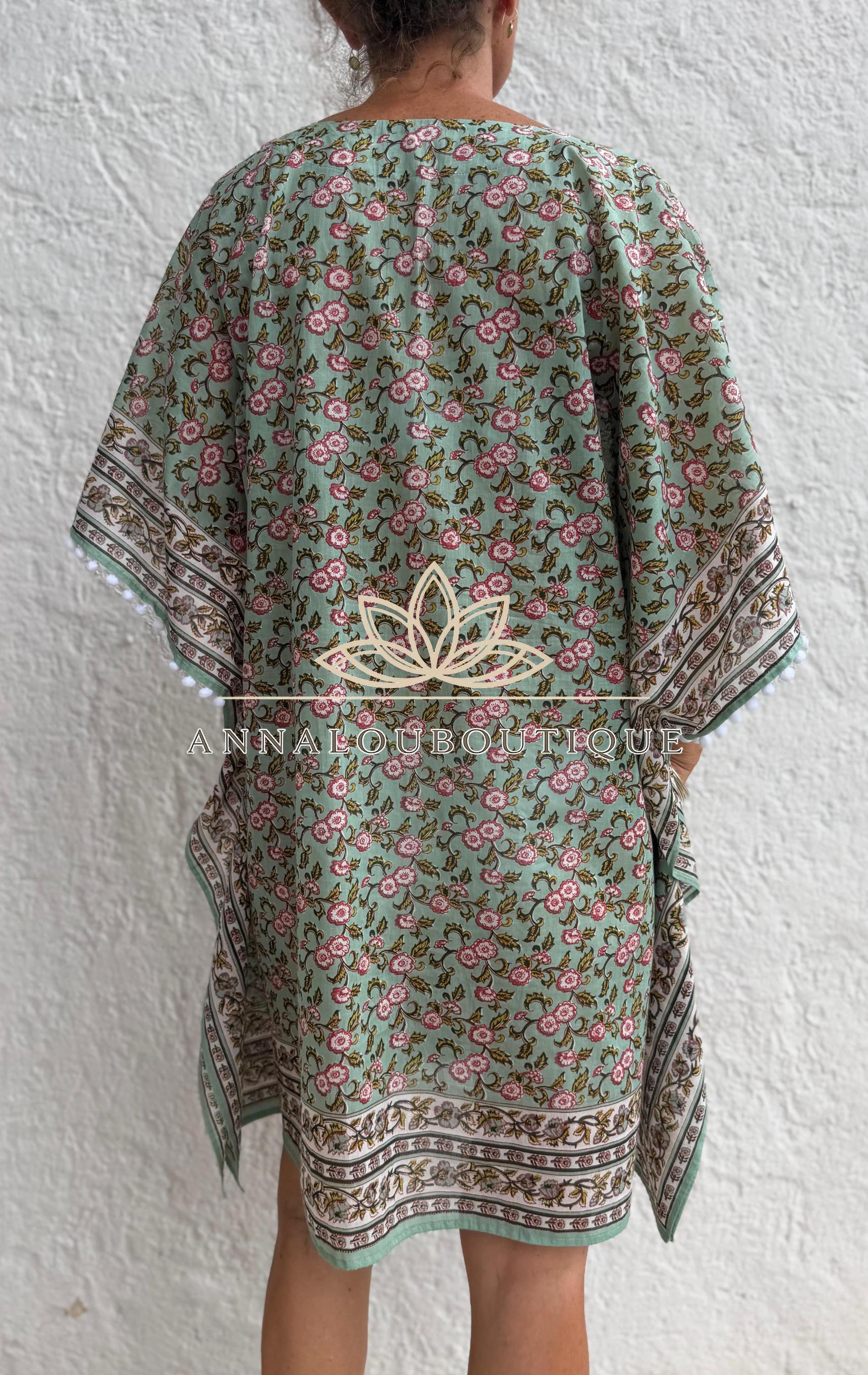 Almond Green Floral Short Kaftan, Cotton Beach Cover Up, Bohemian Summer Dress, Hippie Chic Resort Wear, Lightweight Handmade Cotton Fashion