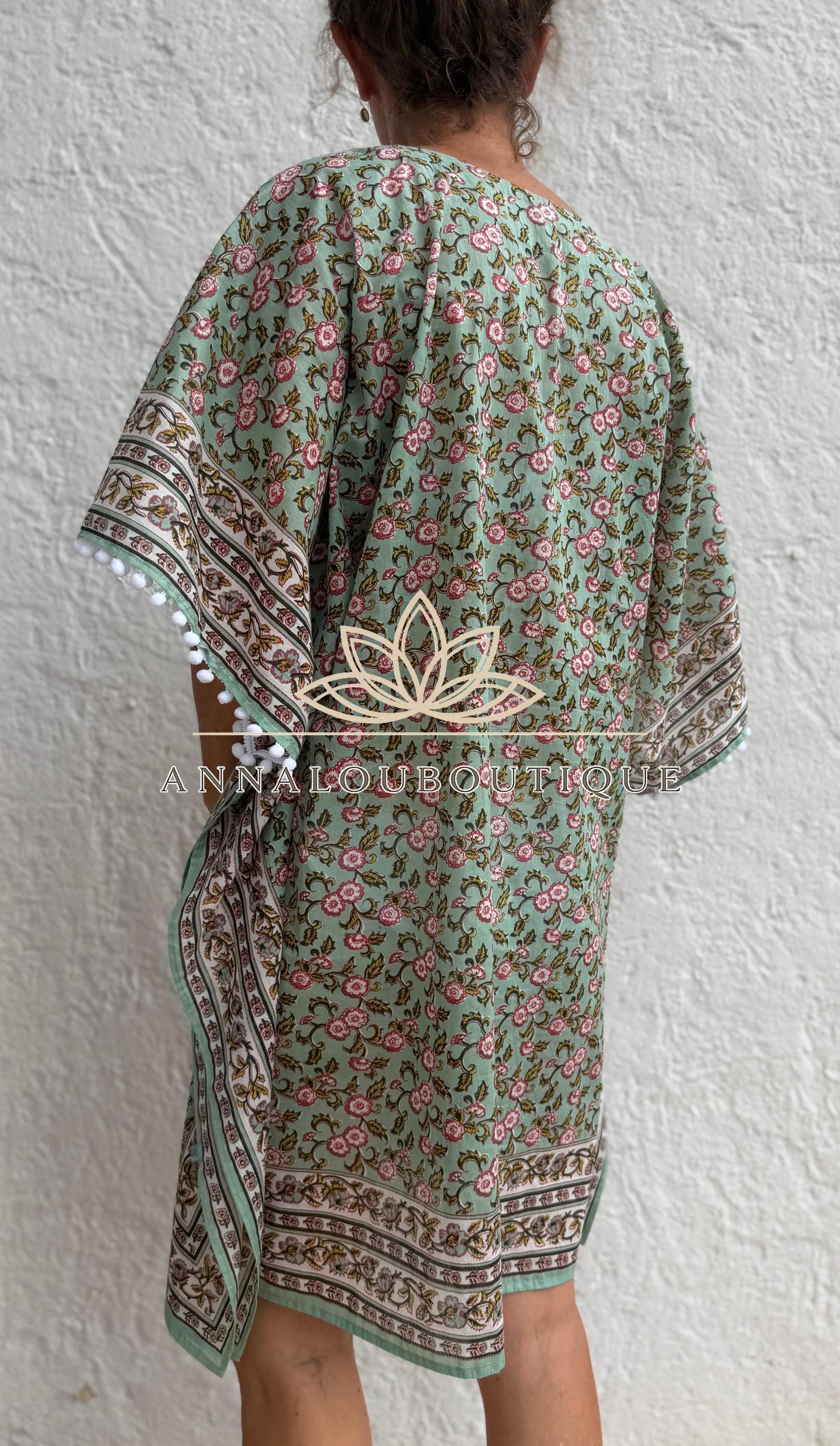 Almond Green Floral Short Kaftan, Cotton Beach Cover Up, Bohemian Summer Dress, Hippie Chic Resort Wear, Lightweight Handmade Cotton Fashion