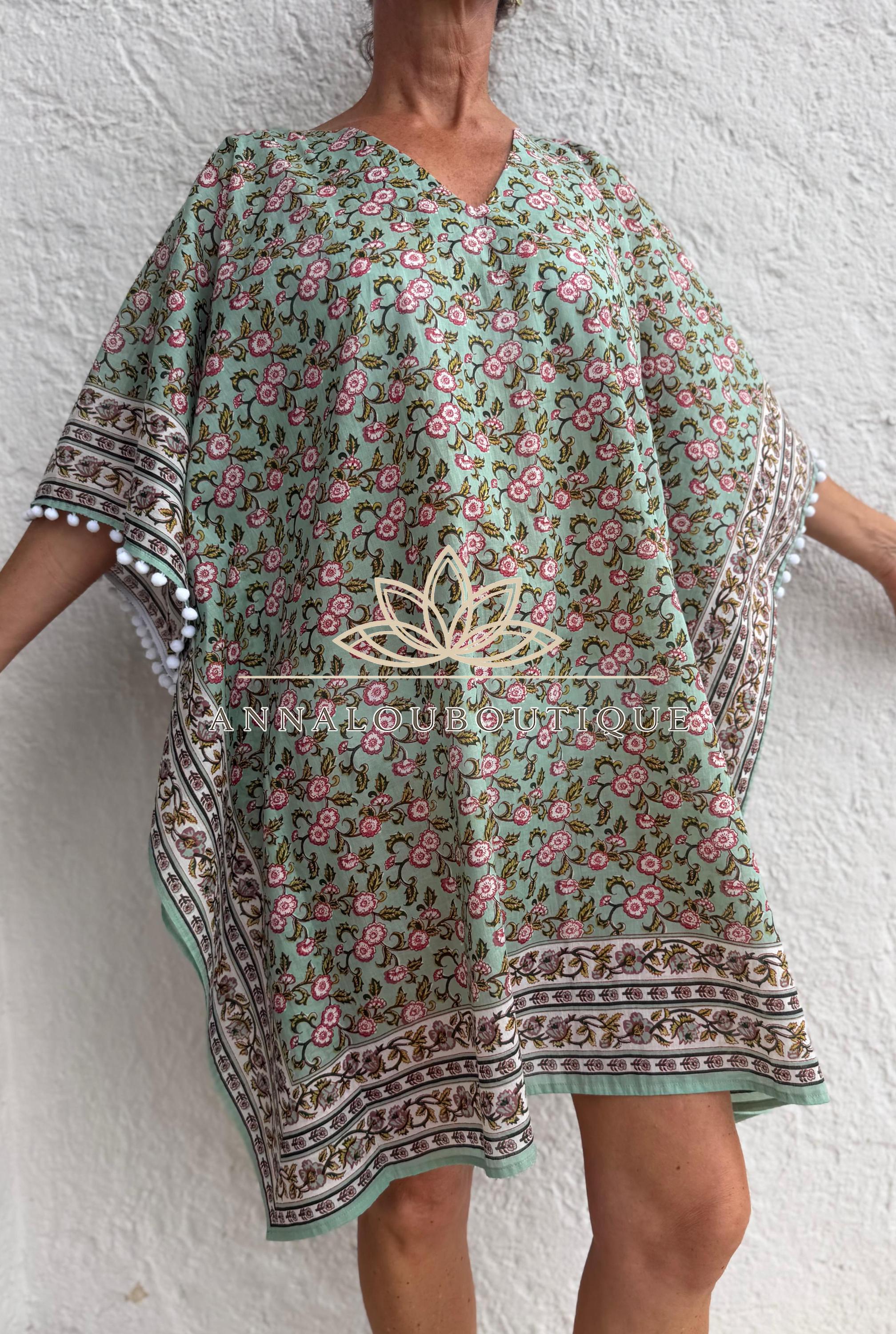 Almond Green Floral Short Kaftan, Cotton Beach Cover Up, Bohemian Summer Dress, Hippie Chic Resort Wear, Lightweight Handmade Cotton Fashion
