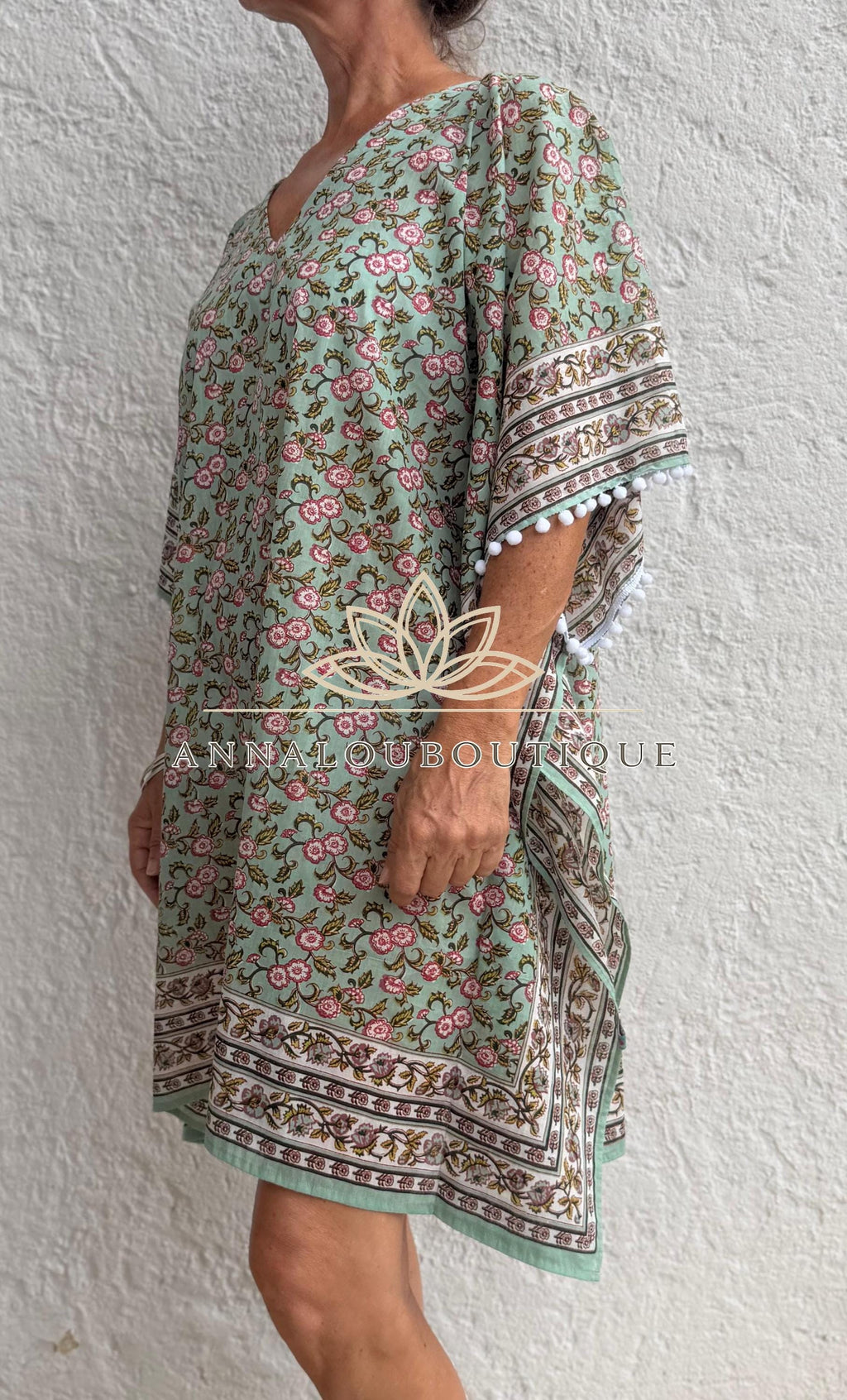 Almond Green Floral Short Kaftan, Cotton Beach Cover Up, Bohemian Summer Dress, Hippie Chic Resort Wear, Lightweight Handmade Cotton Fashion
