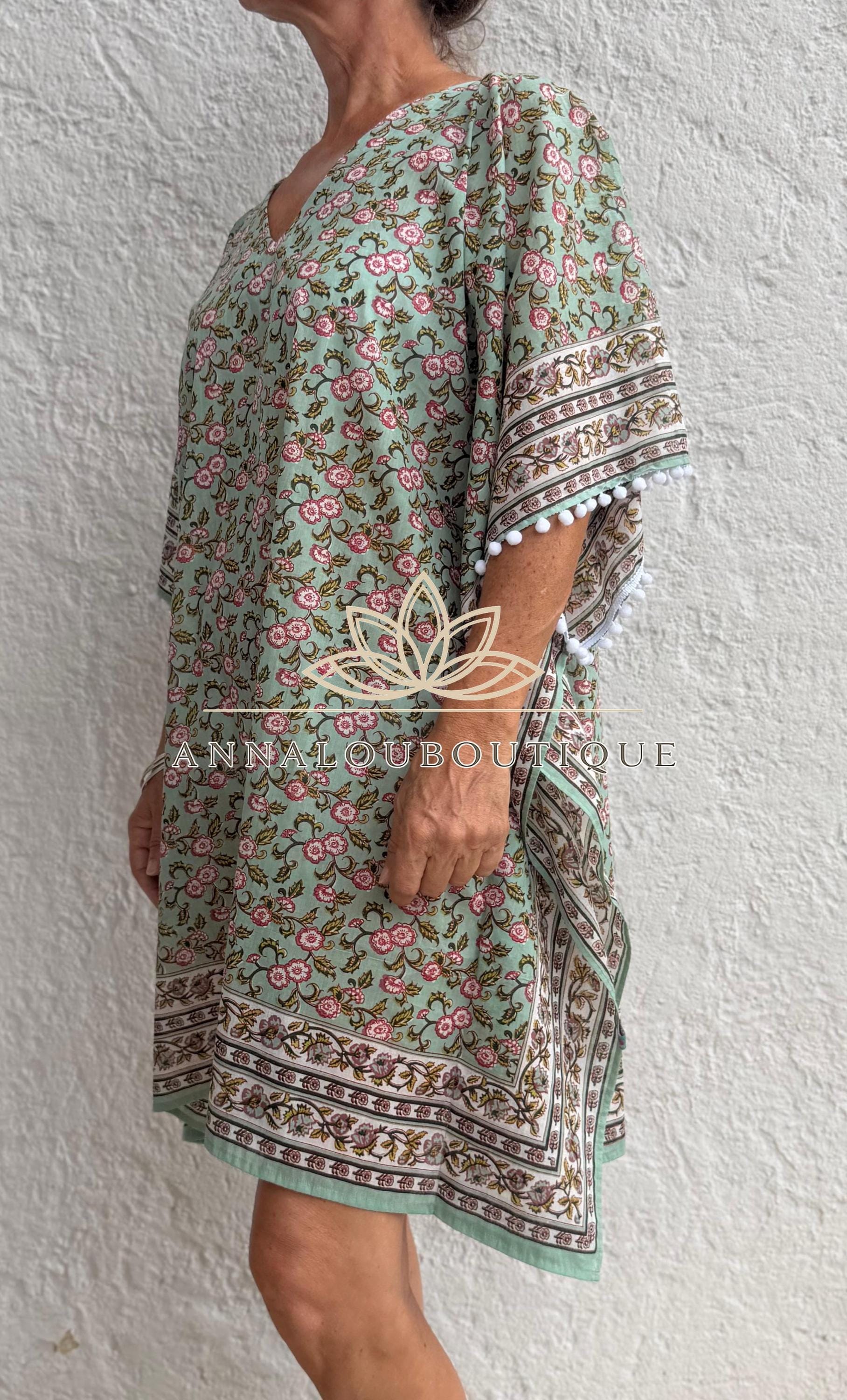 Almond Green Floral Short Kaftan, Cotton Beach Cover Up, Bohemian Summer Dress, Hippie Chic Resort Wear, Lightweight Handmade Cotton Fashion