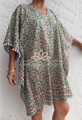 Almond Green Floral Short Kaftan, Cotton Beach Cover Up, Bohemian Summer Dress, Hippie Chic Resort Wear, Lightweight Handmade Cotton Fashion
