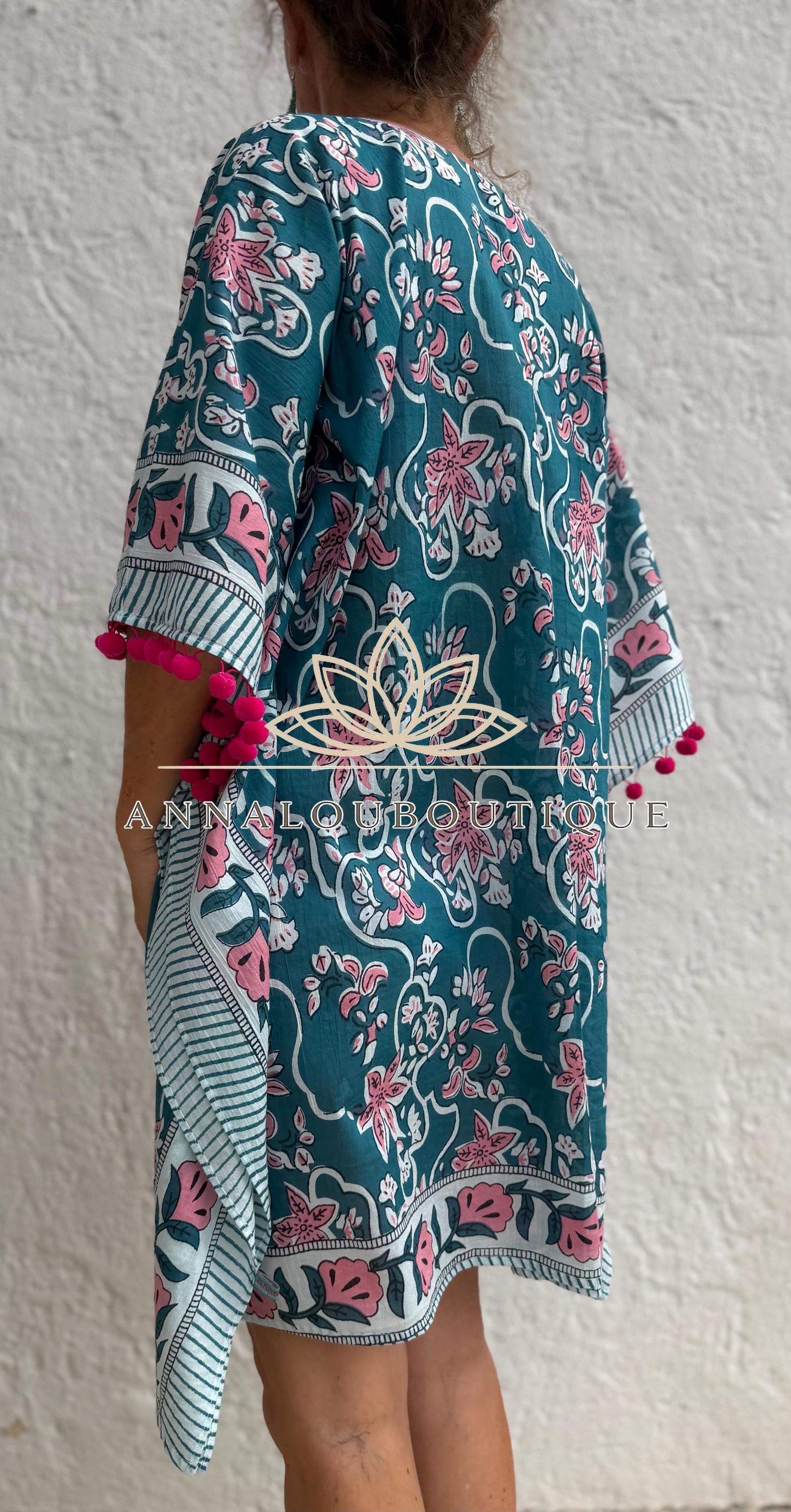 Teal & Pink Floral Short Kaftan, Cotton Beach Cover Up, Bohemian Summer Dress, Hippie Chic Resort Wear, Lightweight Handmade Cotton Fashion