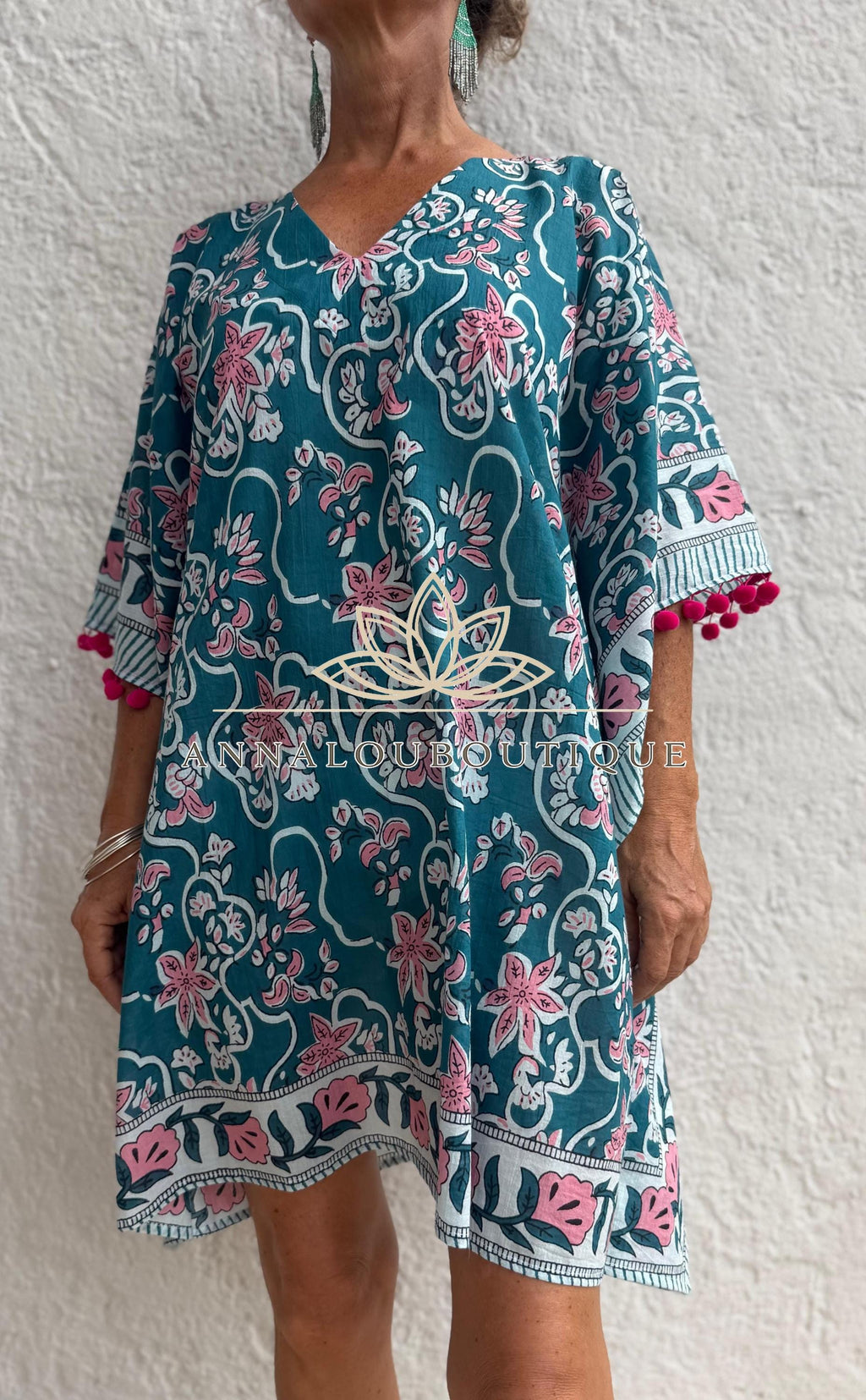 Teal & Pink Floral Short Kaftan, Cotton Beach Cover Up, Bohemian Summer Dress, Hippie Chic Resort Wear, Lightweight Handmade Cotton Fashion
