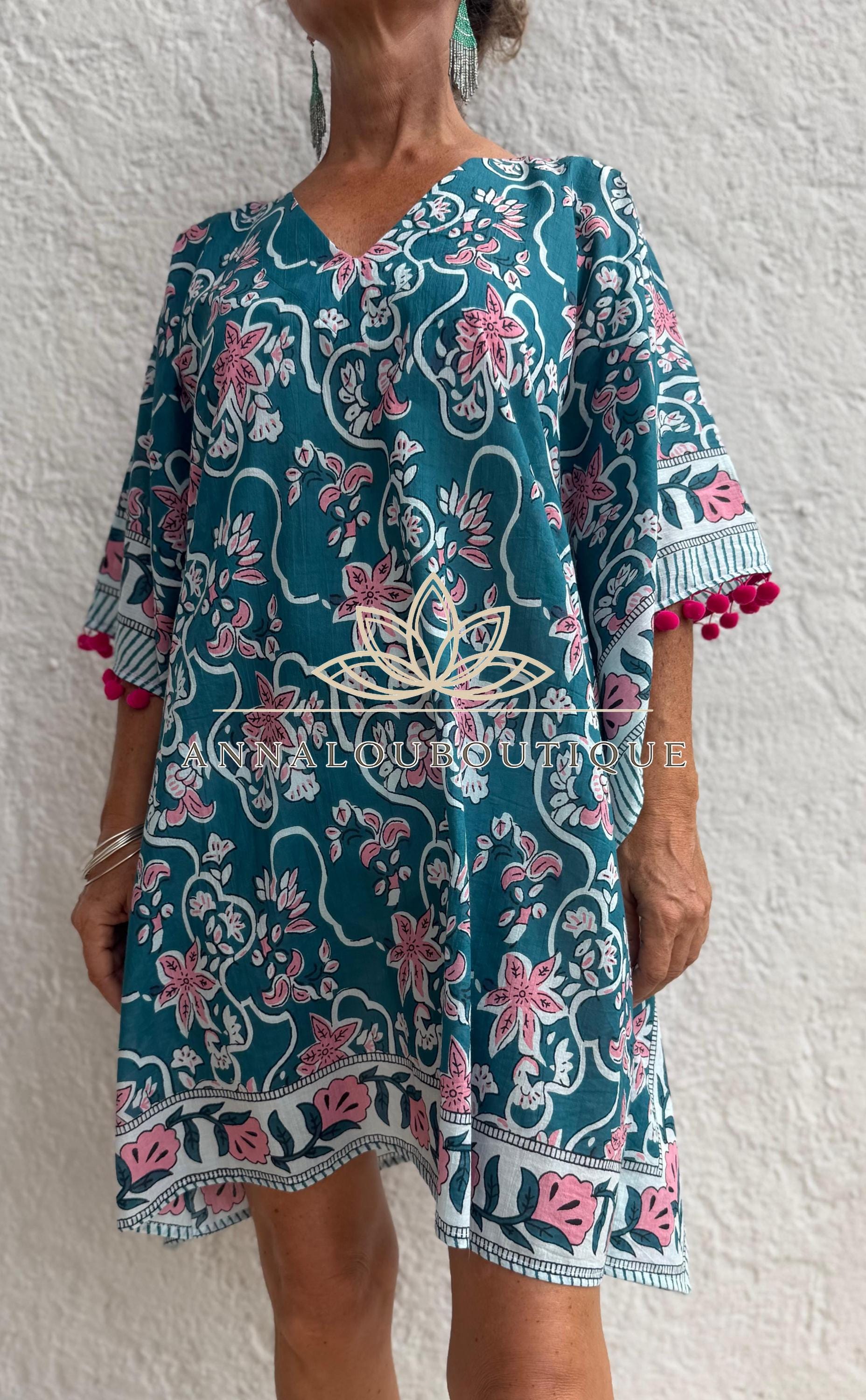 Teal & Pink Floral Short Kaftan, Cotton Beach Cover Up, Bohemian Summer Dress, Hippie Chic Resort Wear, Lightweight Handmade Cotton Fashion