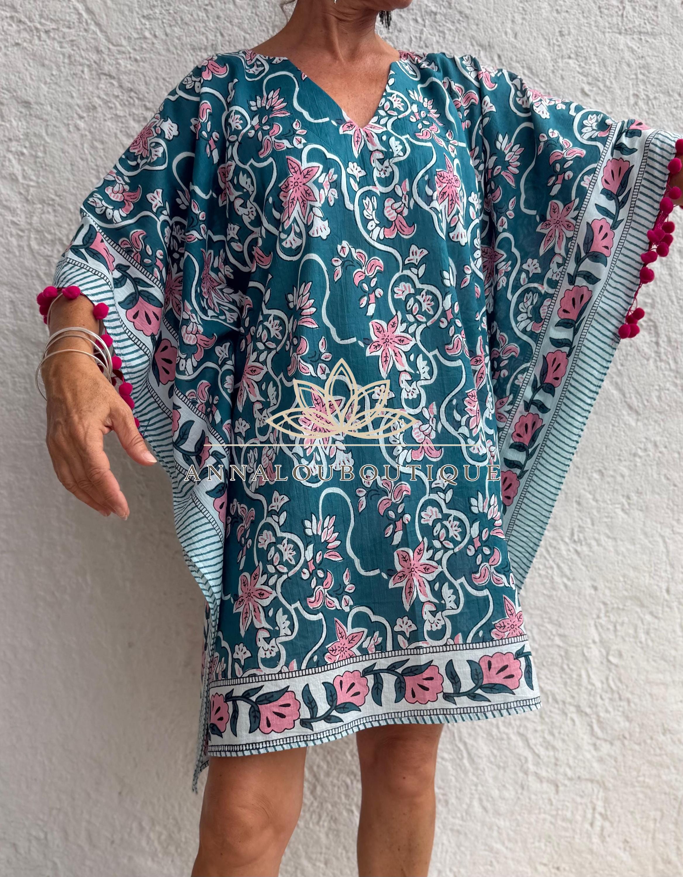 Teal & Pink Floral Short Kaftan, Cotton Beach Cover Up, Bohemian Summer Dress, Hippie Chic Resort Wear, Lightweight Handmade Cotton Fashion