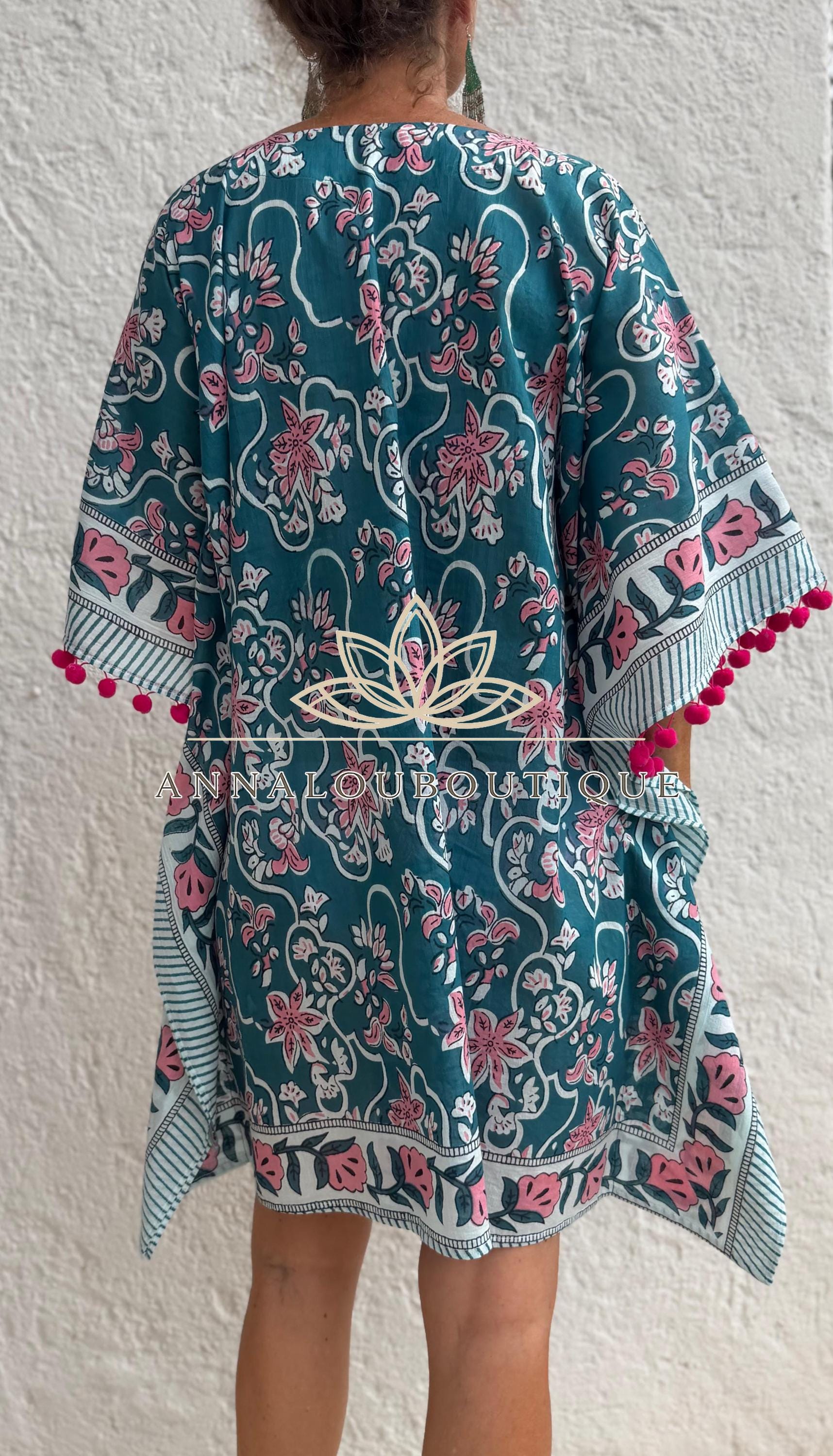 Teal & Pink Floral Short Kaftan, Cotton Beach Cover Up, Bohemian Summer Dress, Hippie Chic Resort Wear, Lightweight Handmade Cotton Fashion