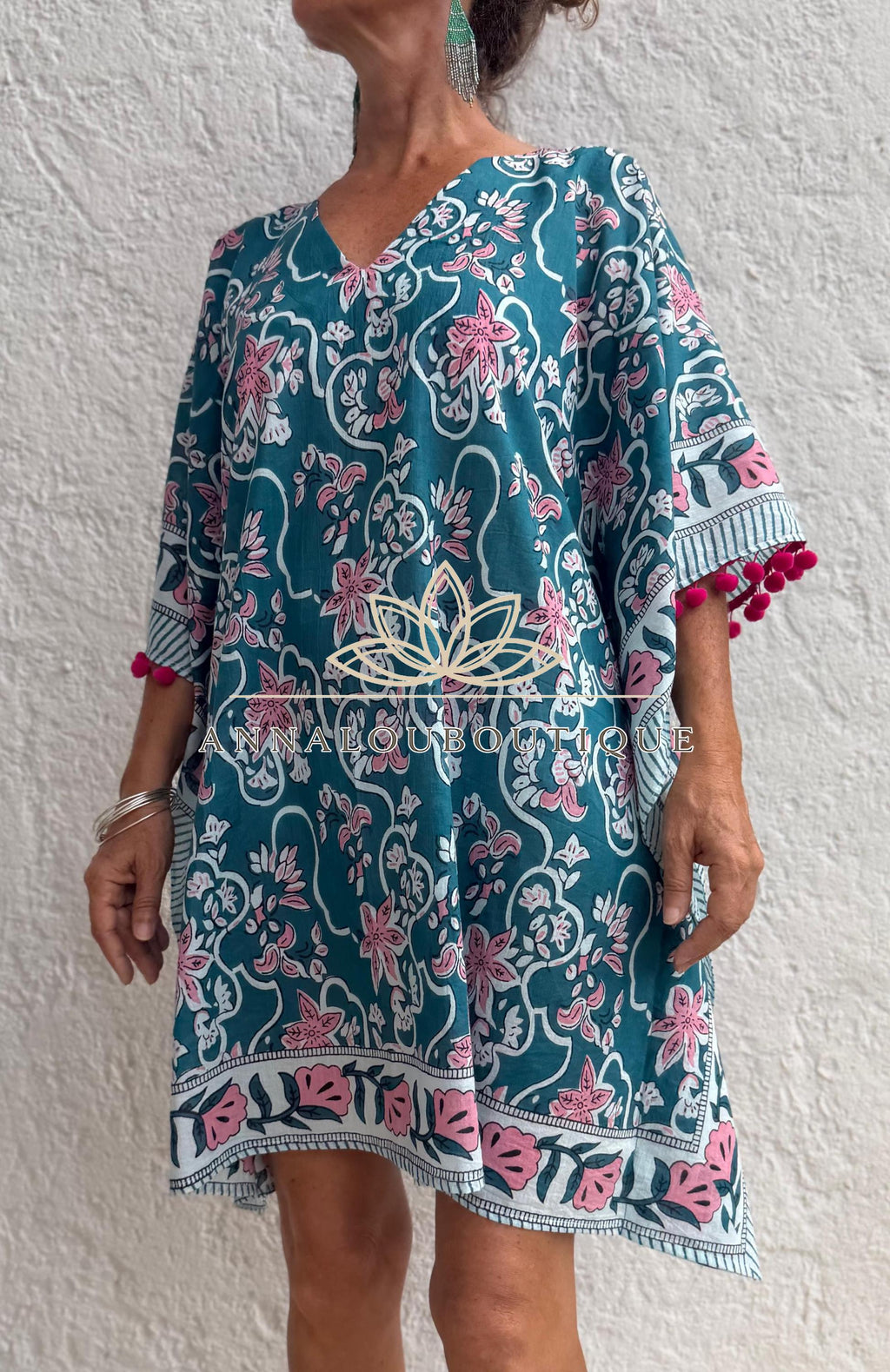 Teal & Pink Floral Short Kaftan, Cotton Beach Cover Up, Bohemian Summer Dress, Hippie Chic Resort Wear, Lightweight Handmade Cotton Fashion