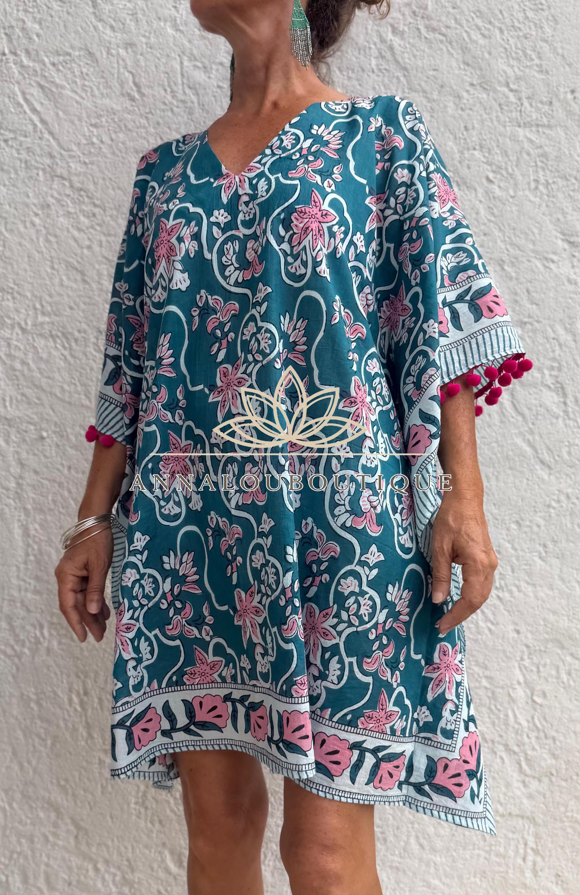 Teal & Pink Floral Short Kaftan, Cotton Beach Cover Up, Bohemian Summer Dress, Hippie Chic Resort Wear, Lightweight Handmade Cotton Fashion
