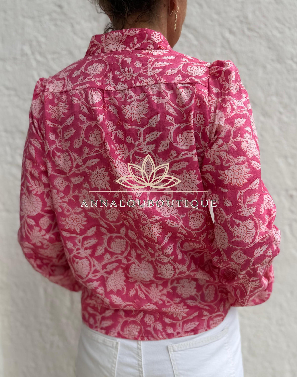 Pink Floral Cotton Blouse, Soft Cotton Shirt, Front Pleated Top, Mao Collar Bohemian Blouse, Casual Everyday Wear, Handmade Limited Edition