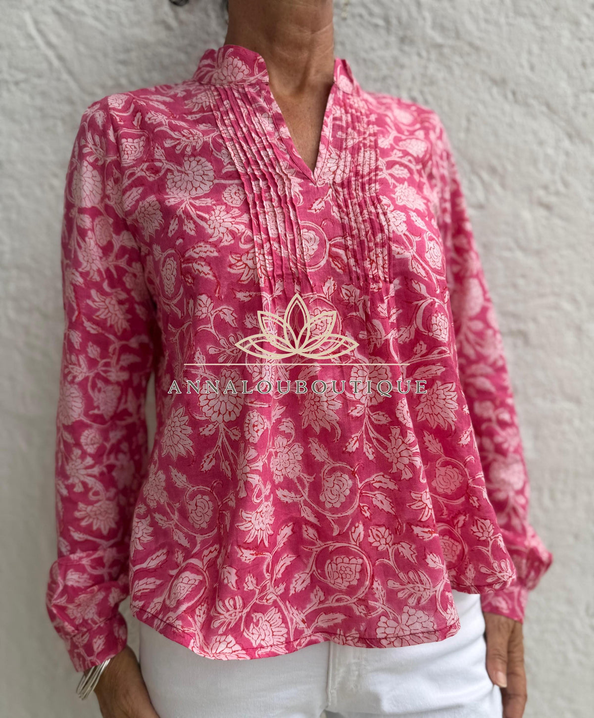 Pink Floral Cotton Blouse, Soft Cotton Shirt, Front Pleated Top, Mao Collar Bohemian Blouse, Casual Everyday Wear, Handmade Limited Edition