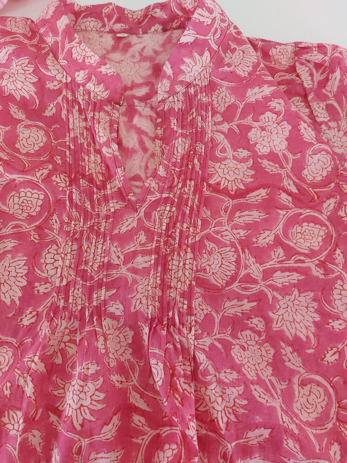 Pink Floral Cotton Blouse, Soft Cotton Shirt, Front Pleated Top, Mao Collar Bohemian Blouse, Casual Everyday Wear, Handmade Limited Edition