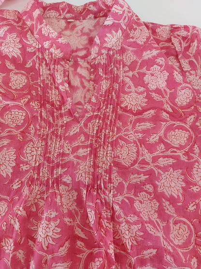 Pink Floral Cotton Blouse, Soft Cotton Shirt, Front Pleated Top, Mao Collar Bohemian Blouse, Casual Everyday Wear, Handmade Limited Edition