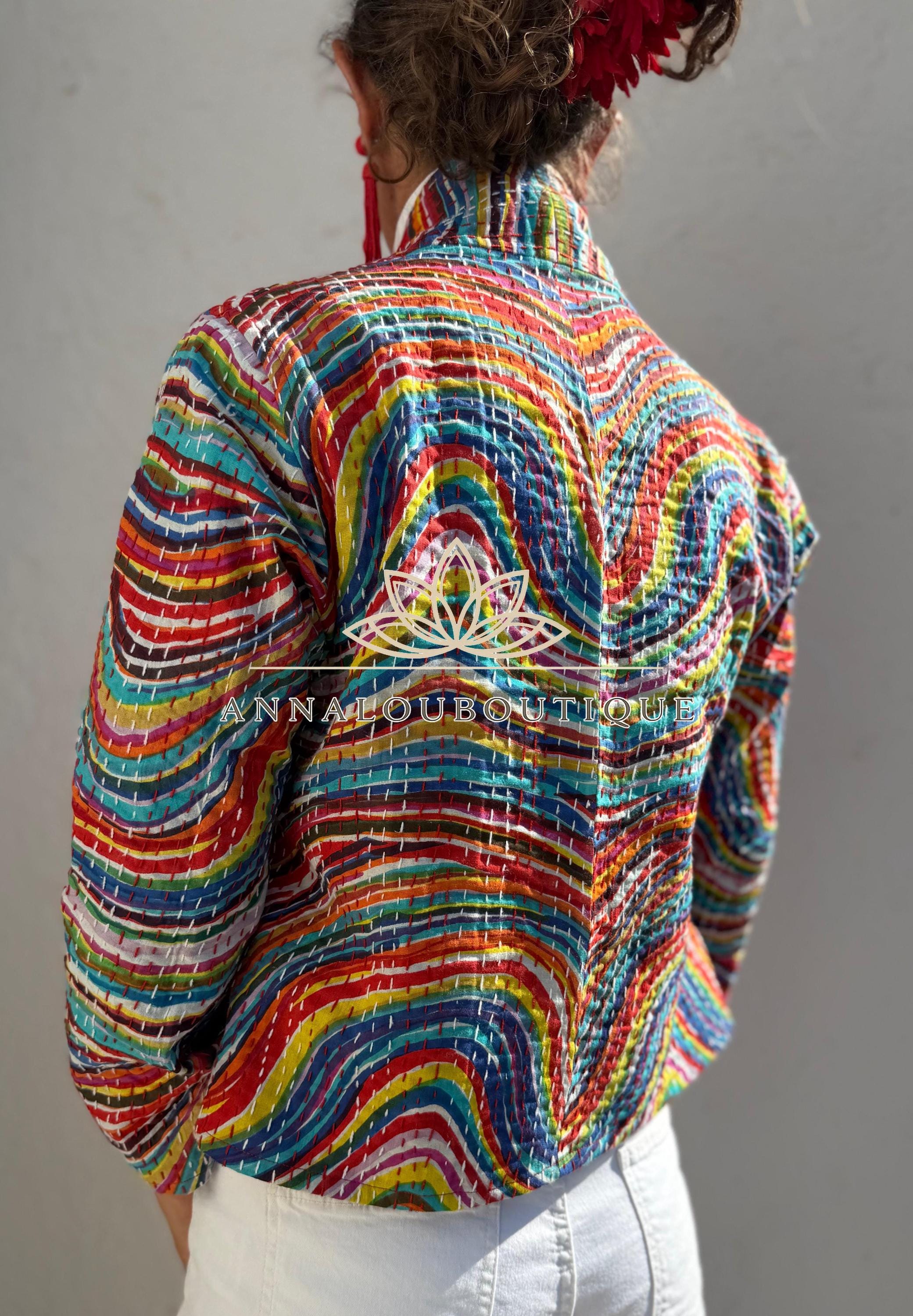 Rainbow Color Cotton Jacket, Kimono Style Bohemian Layer, Mid-Season Casual Jacket, Handmade Cotton Outerwear, Provence Handmade Fashion
