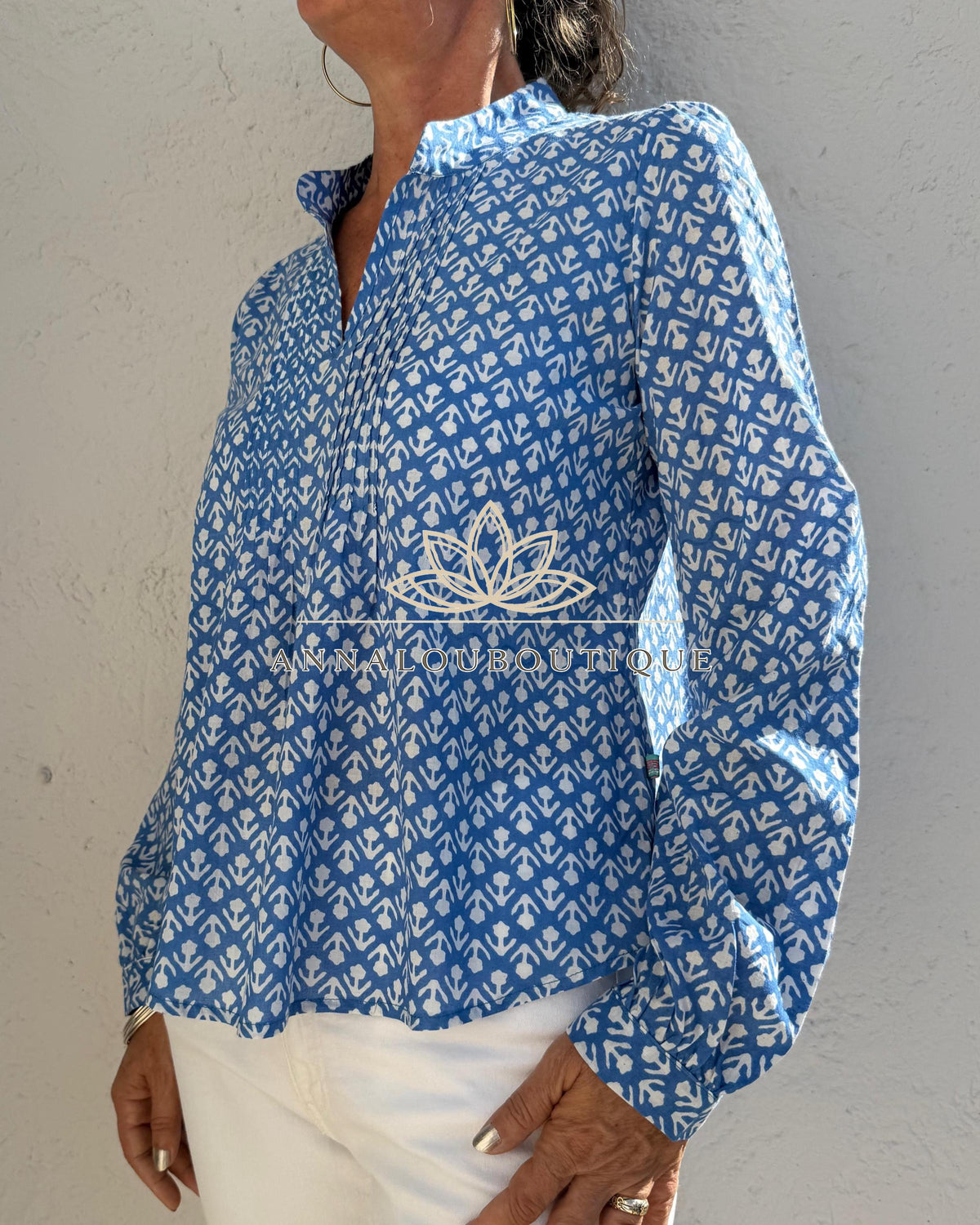 Blue Hand Block Printed Cotton Shirt, Front Pleated Blouse, Long Sleeve Boho Top, Soft Cotton Casual Women’s Wear