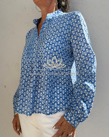 Blue Hand Block Printed Cotton Shirt, Front Pleated Blouse, Long Sleeve Boho Top, Soft Cotton Casual Women’s Wear