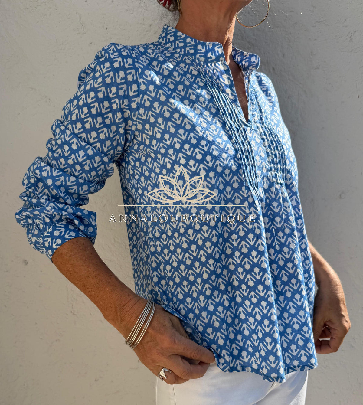Blue Hand Block Printed Cotton Shirt, Front Pleated Blouse, Long Sleeve Boho Top, Soft Cotton Casual Women’s Wear