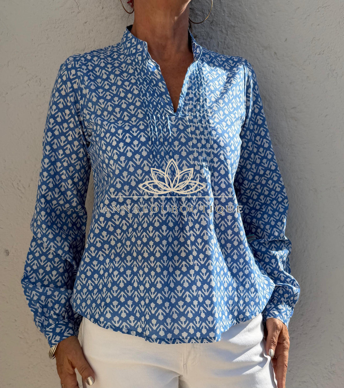 Blue Hand Block Printed Cotton Shirt, Front Pleated Blouse, Long Sleeve Boho Top, Soft Cotton Casual Women’s Wear