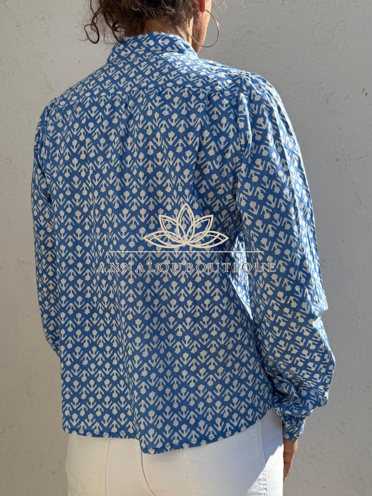Blue Hand Block Printed Cotton Shirt, Front Pleated Blouse, Long Sleeve Boho Top, Soft Cotton Casual Women’s Wear