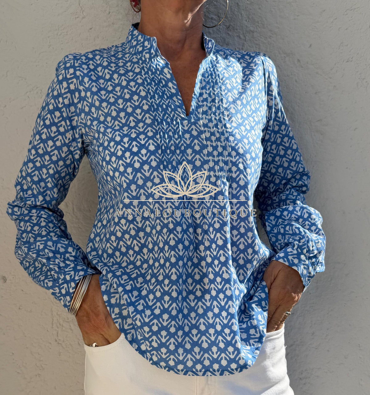 Blue Hand Block Printed Cotton Shirt, Front Pleated Blouse, Long Sleeve Boho Top, Soft Cotton Casual Women’s Wear